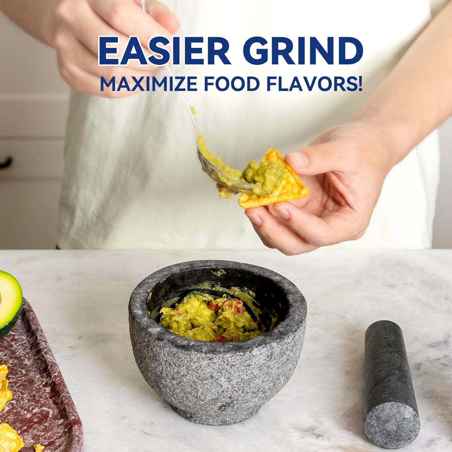 Koville African Natural Granite Mortar and Pestle Set, Grinder Bowl for Guacamole, Salsa, Pill Crusher, Spice, Herb, Garlic, Nut, Heavy Duty Grinder for Kitchen (Sandblasted Finish)