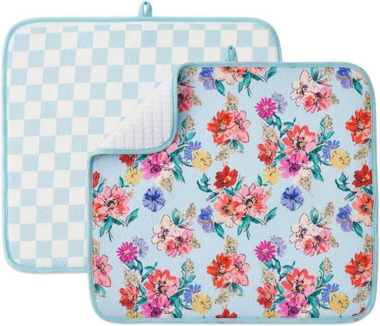 FRESHMINT Printed Dish Drying Mats for Kitchen Counter 2 Pack Absorbent Reversible Drying Mats Microfiber Kitchen Countertop Protector Dishes Drying Pad Extra Large 18"x16" Dish Mat