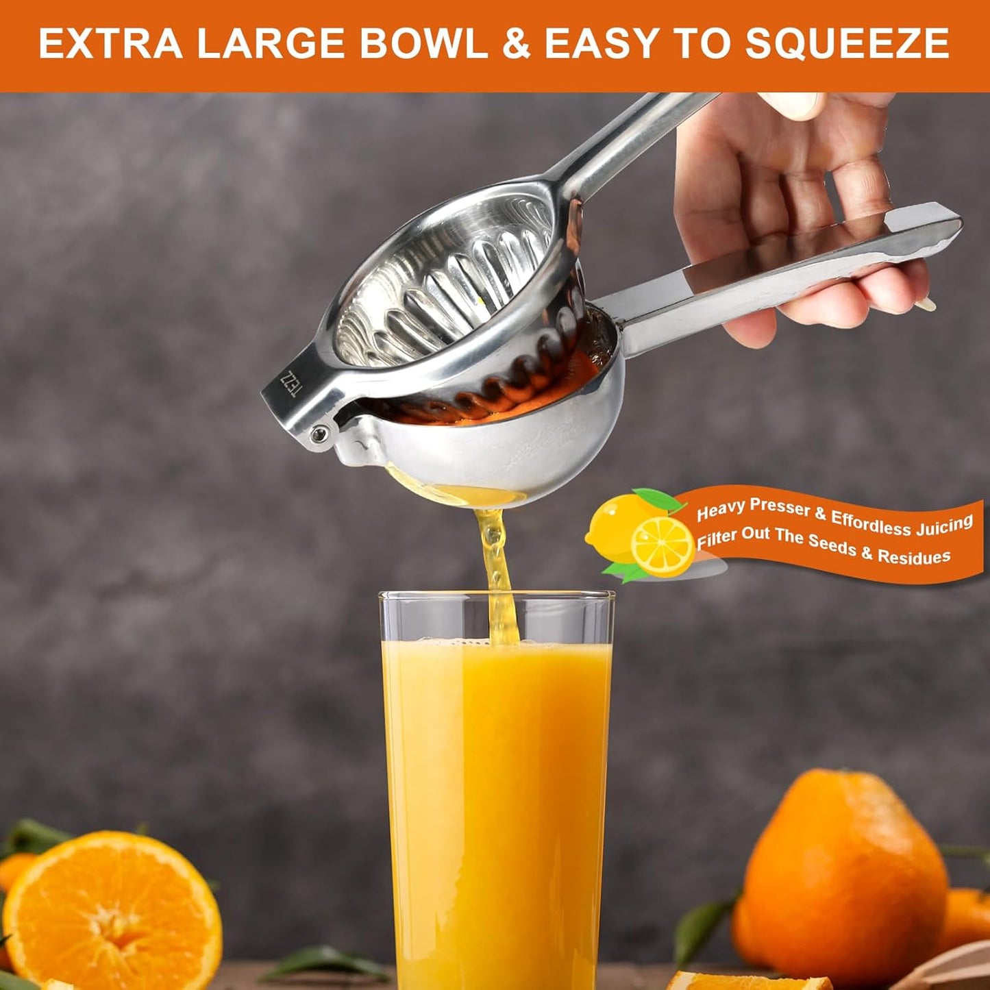 TEZZ Upgrated Extra Large Lemon Squeezer, Heavy Duty Handhelp Orange Juicer with 3.47'' extra big Filter Bowl, Stainless Steel Hand Press Citrus Juicer, Lime Squeezer Bar Tool, Manual Citrus Press