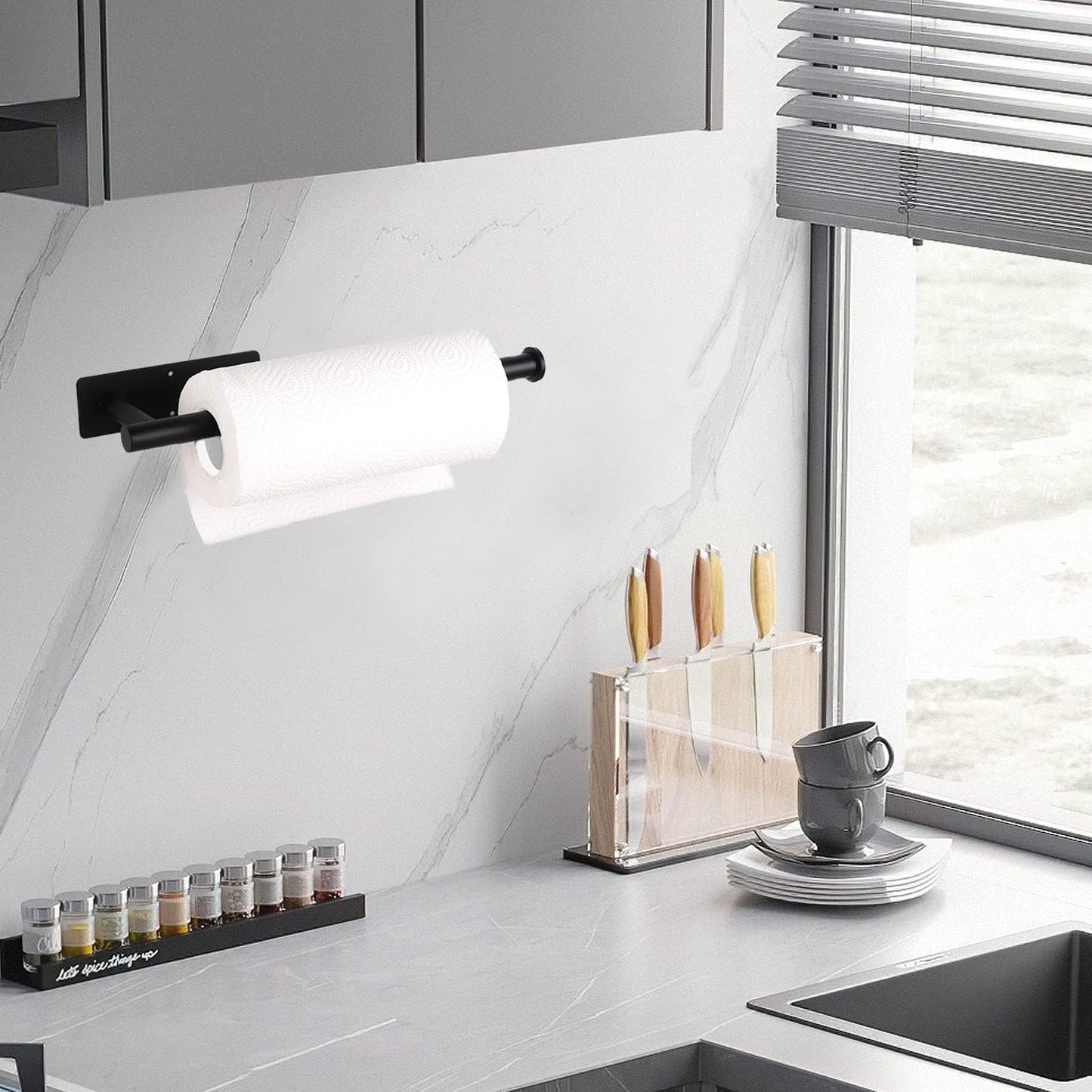 Self Adhesive or Drilling Paper Towel Holder Under Cabinet,Black Stainless Steel Hanging Paper Towel Holder Wall Mount for Kitchen Paper Towel,Under Counter Paper Towel Roll Rack for Home,Bathroom,RV