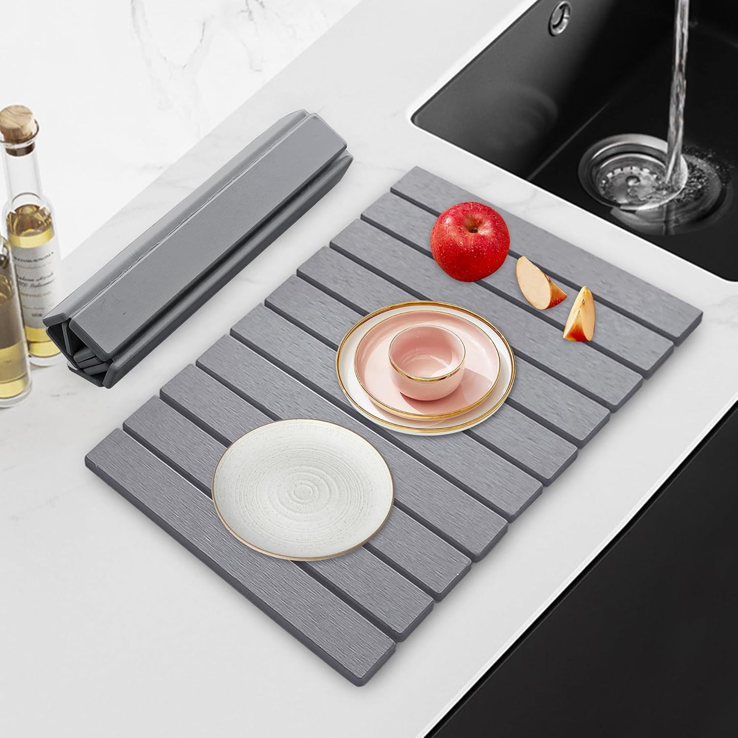 Large Fast Dry Stone Mat, 24" x 16" Drying Board Diatomaceous for Kitchen Counter, Dish Drying Mat, Bathroom Absorbent Pad, Drying Stone Mat for Kitchen, Utensils, Vegetable, Fruits, Gray