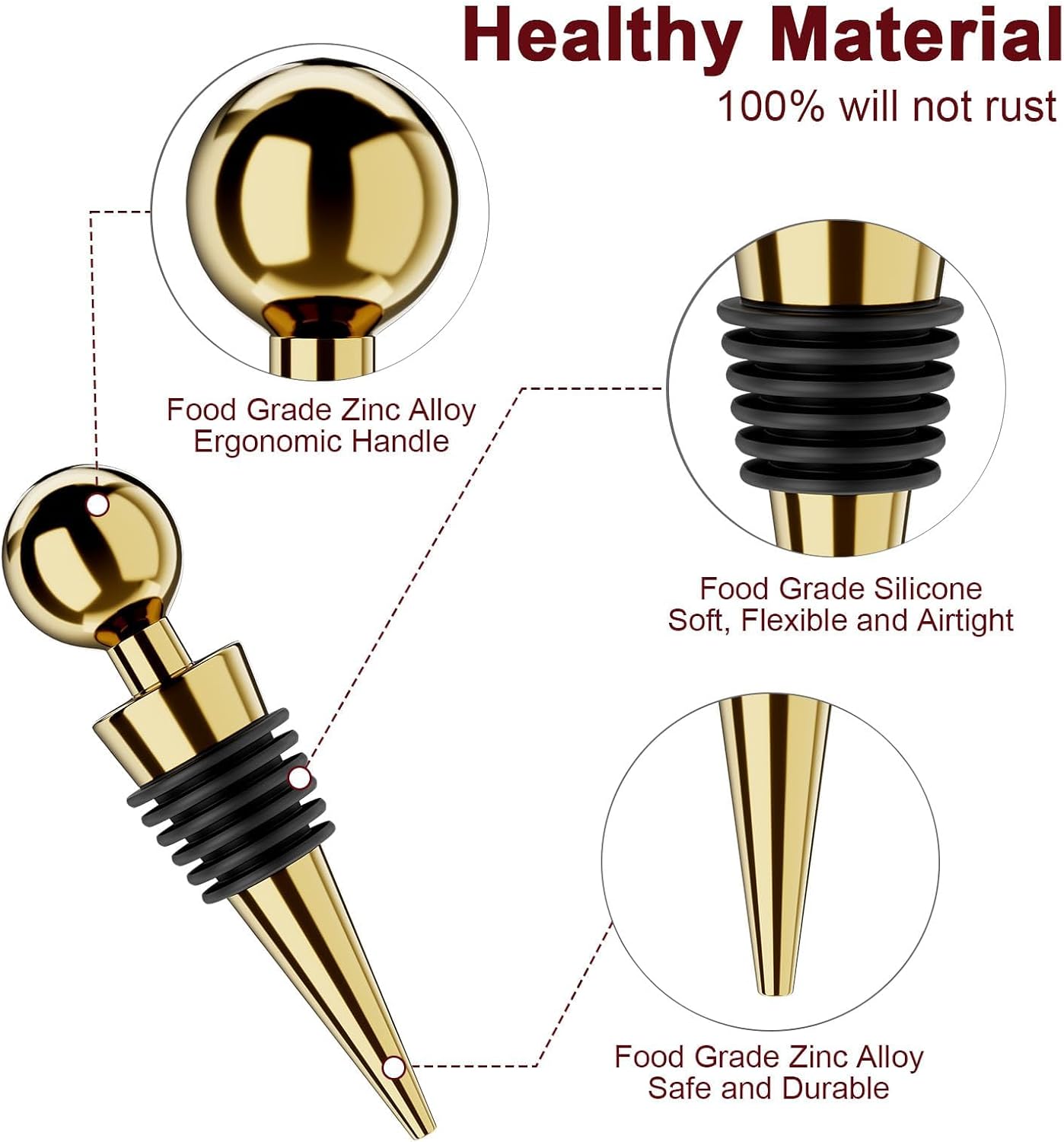 Wine Stoppers for Wine Bottles 6Pcs Vacuum Wine Bottle Stopper with Silicone Reusable Wine Corks, Leak proof Keep Fresh Suitable for Standard (Gold, 6 Pack)