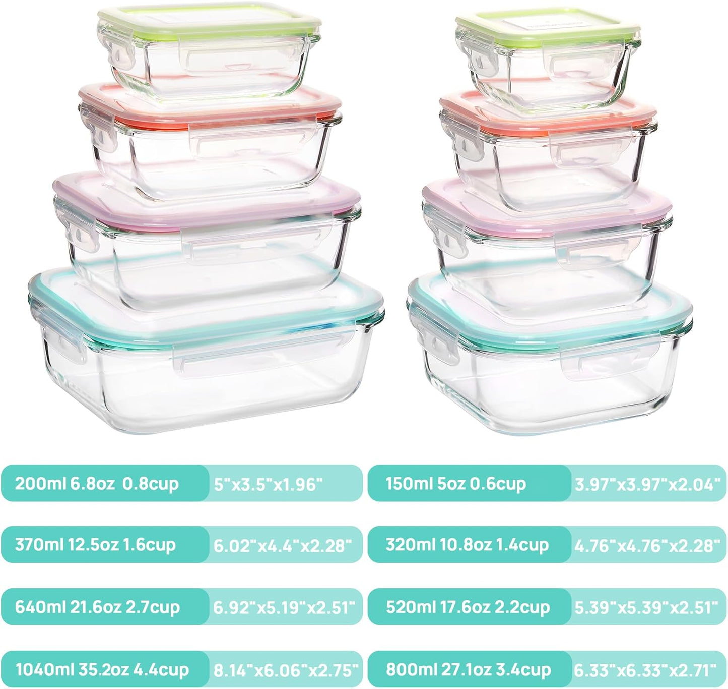 Vtopmart 8 Pack Glass Food Storage Containers with Airtight Lids, Glass Meal Prep Containers, Lunch Containers for Microwave, Oven, Freezer and Dishwasher, BPA Free