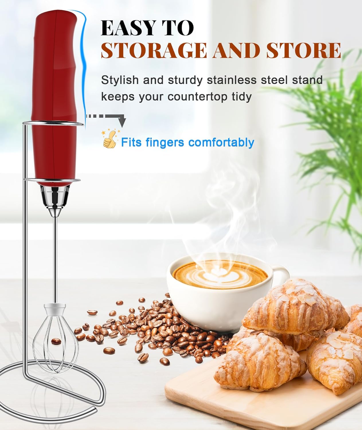 YUSWKO Milk Frother Handheld for Coffee with Stand, Rechargeable Drink Mixer with 3 Heads 3 Speeds Electric Coffee Frother Whisk, Gift for Many Occasions and Festival