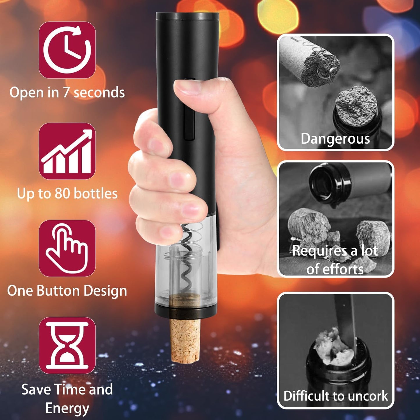 Electric Wine Opener, Automatic Wine Bottle Opener with Foil Cutter & Rechargeable, One-Click Button Electric Corkscrew Wine Opener for Home, Kitchen, Party, Wedding, Ideal Present for Lover-Black