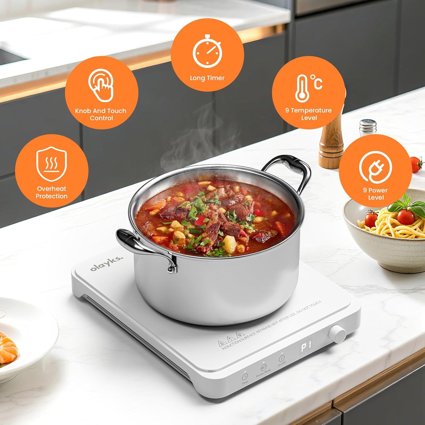 Portable Induction Cooktop, Countertop Burner Hot Plate 1500W With Sensor Touch, Electric Induction Cooker With 9-Level Adjustment, 3-Hour Timer, Auto-Shut-Off, LED Display, Auto Pot Detection