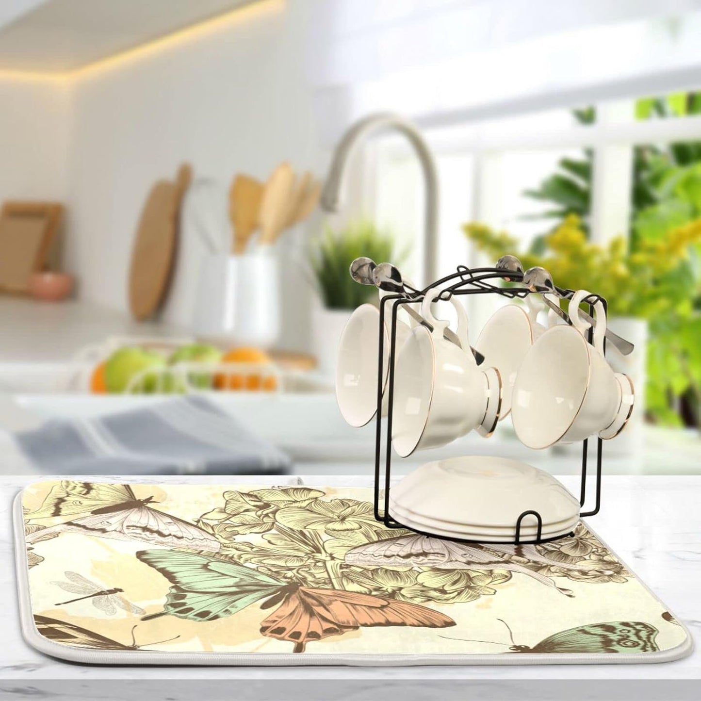 Super Absorbent Dish Drying Mat, Microfiber Fast-Drying Dish Mat, 16" x 18", Kitchen Dish Drying Pad, Retro Butterfly