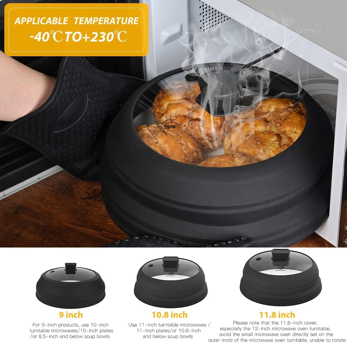 Microwave Splatter Cover Glass Splatter Guard Lid with Collapsible Silicone for Food Pot Cover Plate Cover 10.8 inch Black