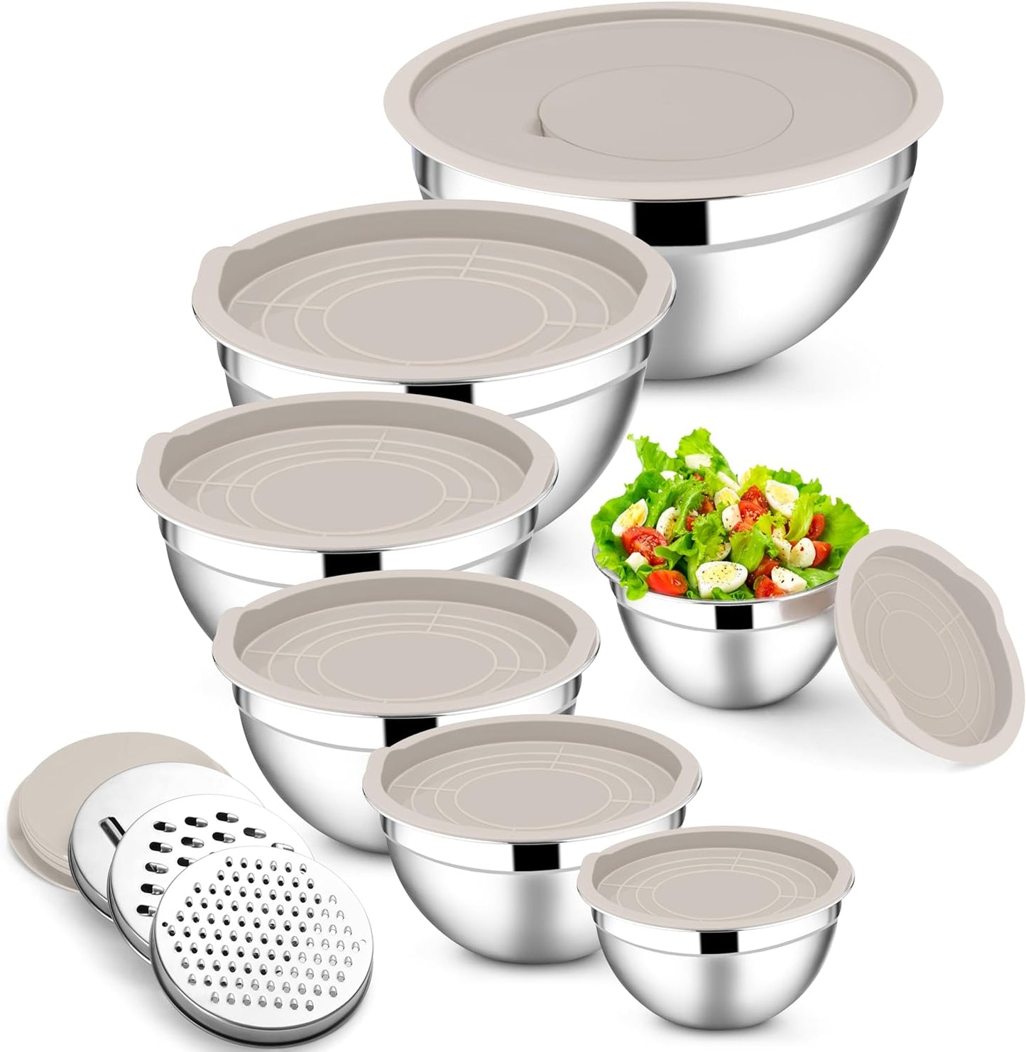 E-far Mixing Bowls with Lids Set, 7-Piece Stainless Steel Metal Mixing Bowls with Grater Attachments, Size 4.6, 3.5, 2.6, 2, 1.5, 1, 0.7QT, Nesting Design & Khaki Airtight Lids, For Cooking/Serving