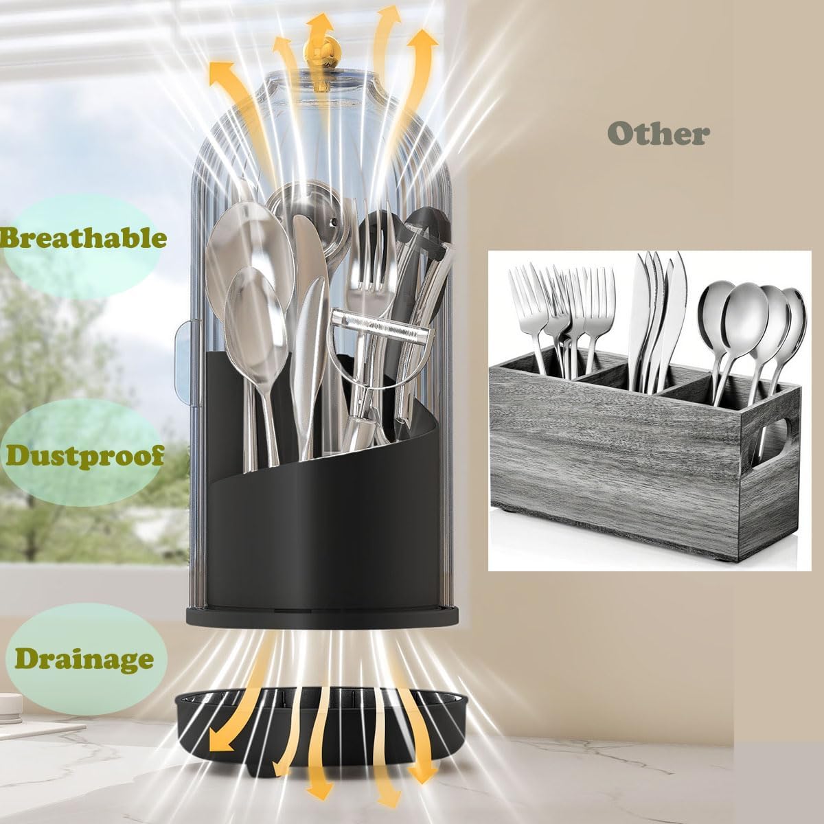 JEESA Utensil Holder with Lid, 360° Rotating Flatware Organizer for Cutlery Spoon Fork(H Less 8"), Silverware Caddy Organizer Drainage Dustproof Flatware Holder Kitchen Countertop Storage, Black
