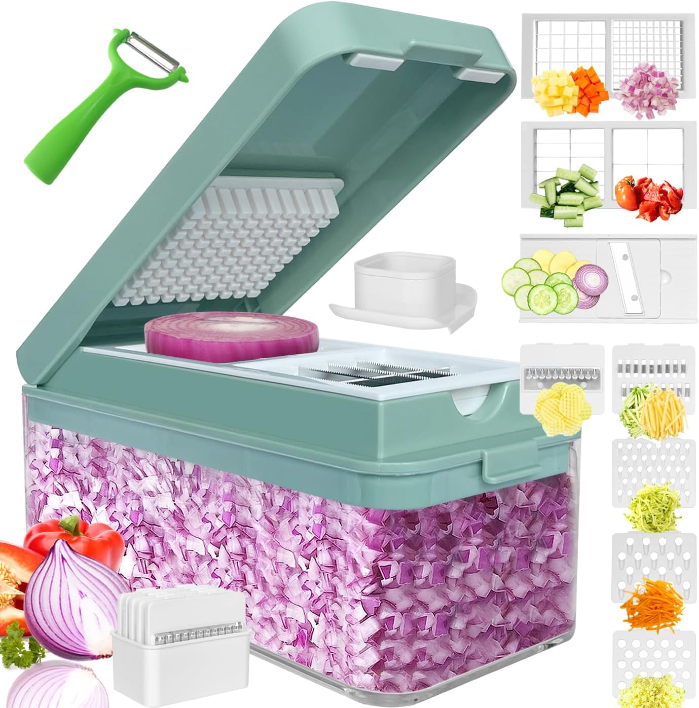 Vegetable Chopper, Onion Chopper Dicer, Mandoline Slicer, Food Chopper with Container, Vegetable Cutter for Salad Potato Carrot Garlic（10 Blades, Blue White）