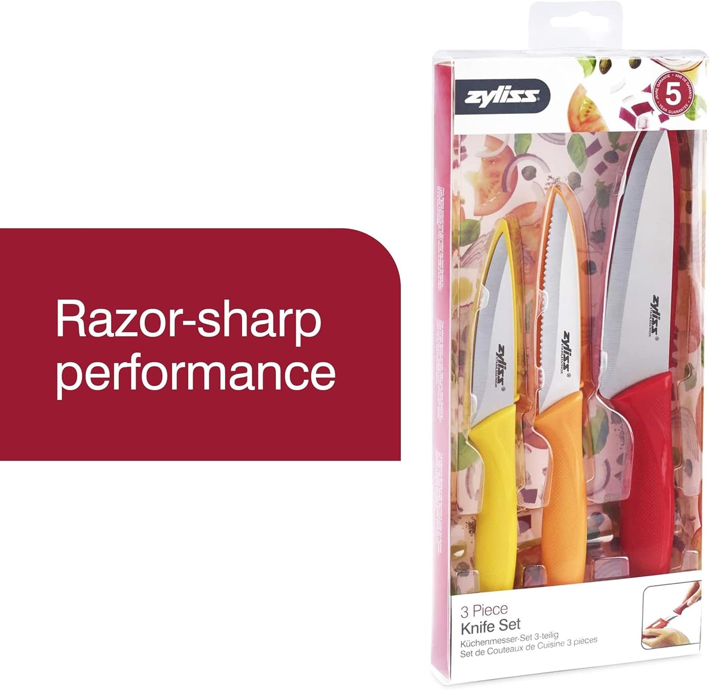 Zyliss Utility Kitchen Knives with Sheath Covers - Dishwasher Safe - Stainless Steel Kitchen Knives Perfect for Cutting Meat, Vegetables & Fruit - 3 Piece Paring Set