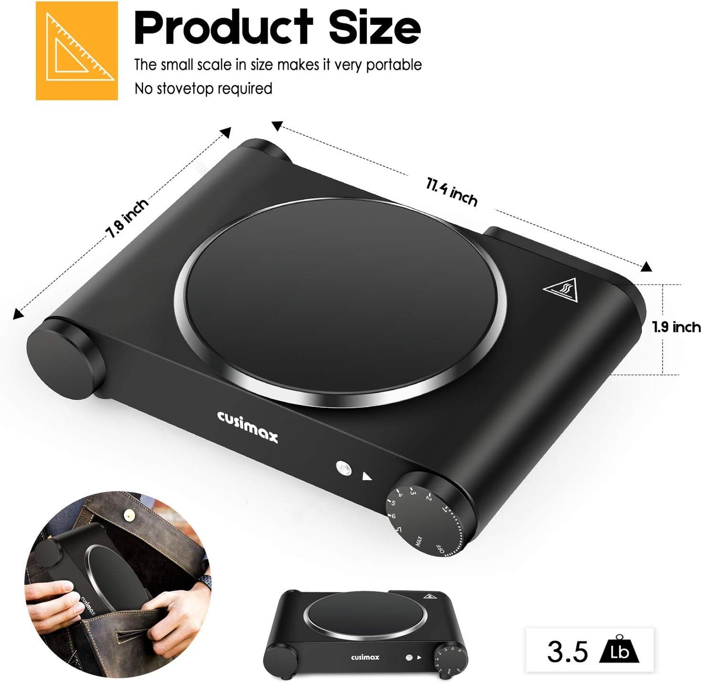 Cusimax Portable Electric Stove, 1200W Infrared Single Burner Heat-up In Seconds, 7 Inch Ceramic Glass Single Hot Plate Cooktop for Dorm Office Home Camp, Compatible w/All Cookware - Upgraded Version