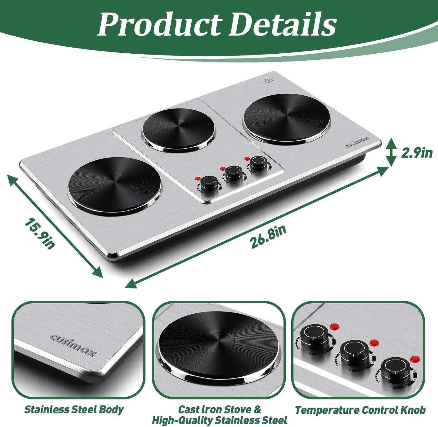Cusimax Hot Plate,Countertop Triple Burner with 7″Cast Iron Cooktop,Electric Hot Plate for Cooking,11 Level Temperature Setting