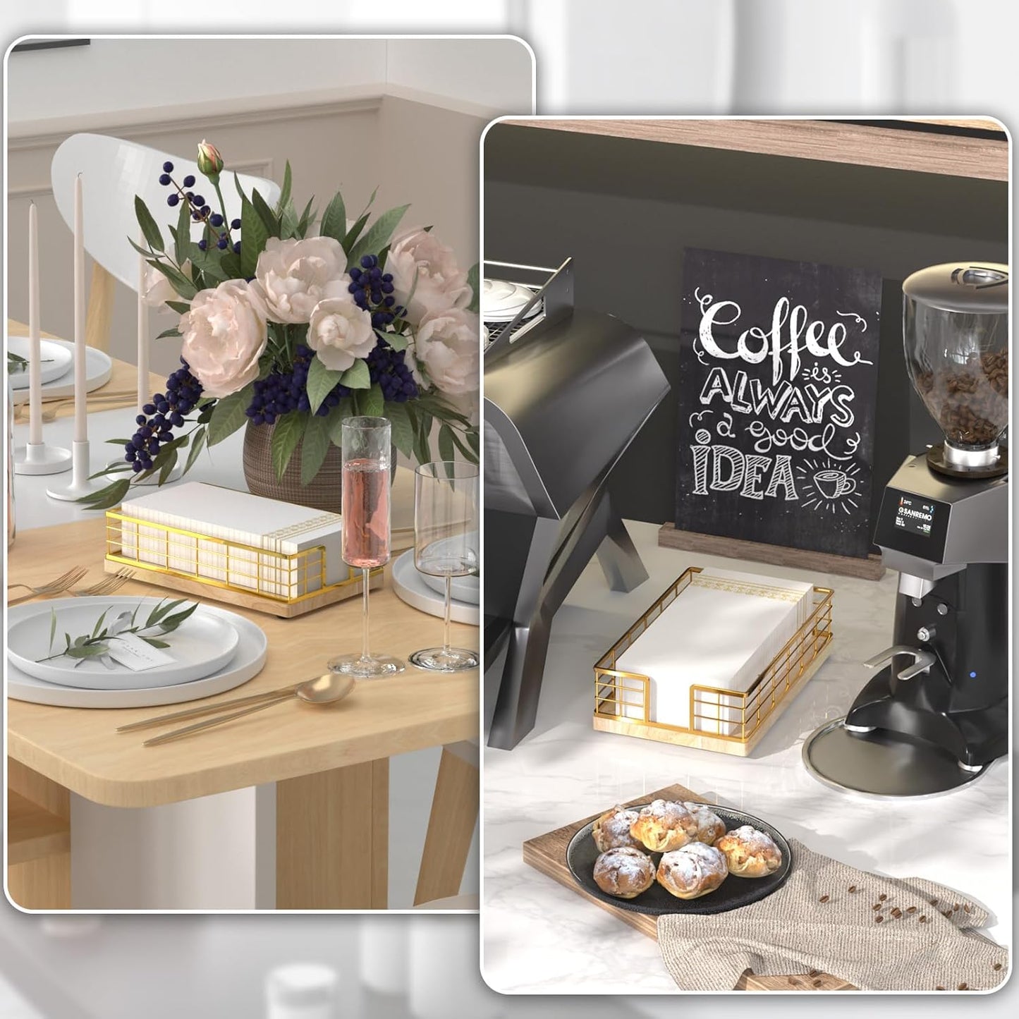 Wican Guest Towel Holder Tray for Bathroom, Oak and Iron Napkins Holder for Powder Room Dinning Table Wooden Basket for Disposable Paper Hand Towels Gold and Oak