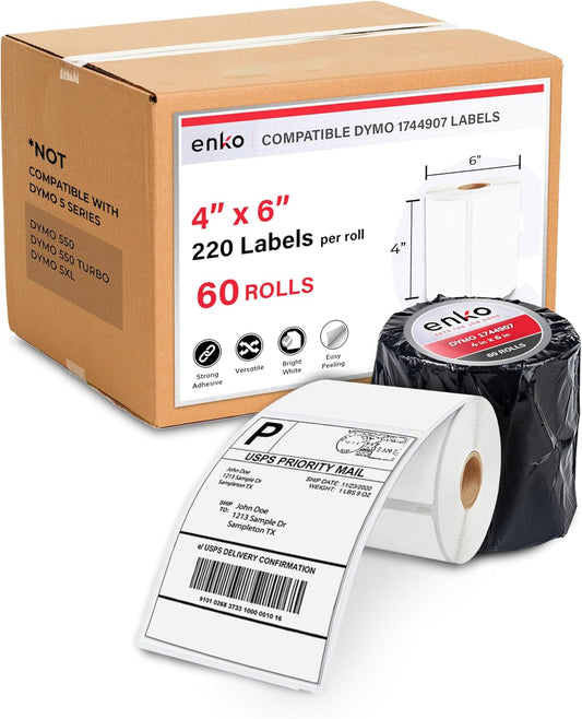 enKo Compatible Zebra 4x6 Label and Dymo Labels 1744907 - (4" x 6") Address and Shipping Labels for Dymo Labelwriter 4XL Shipping, Zebra and Desktop Direct Thermal Printers (60 Rolls | 13,200 Labels)