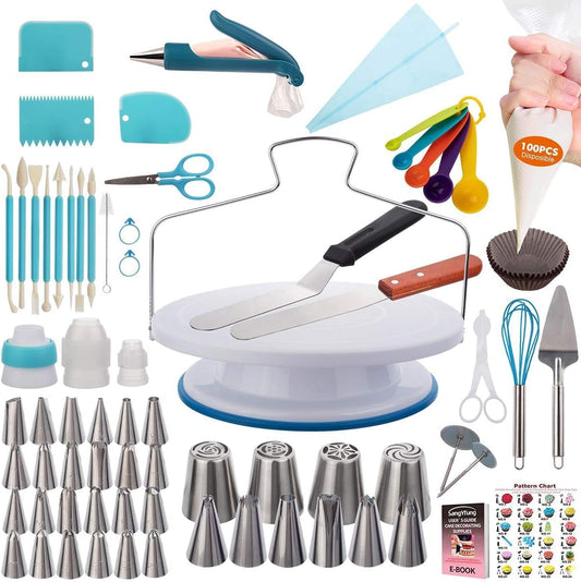 207 Pcs Cake Decorating supplies Kit for Beginners Cake Turntable-100+ Piping Bags-Russian Piping Tips-Icing Spatula Cake Decorating Tools