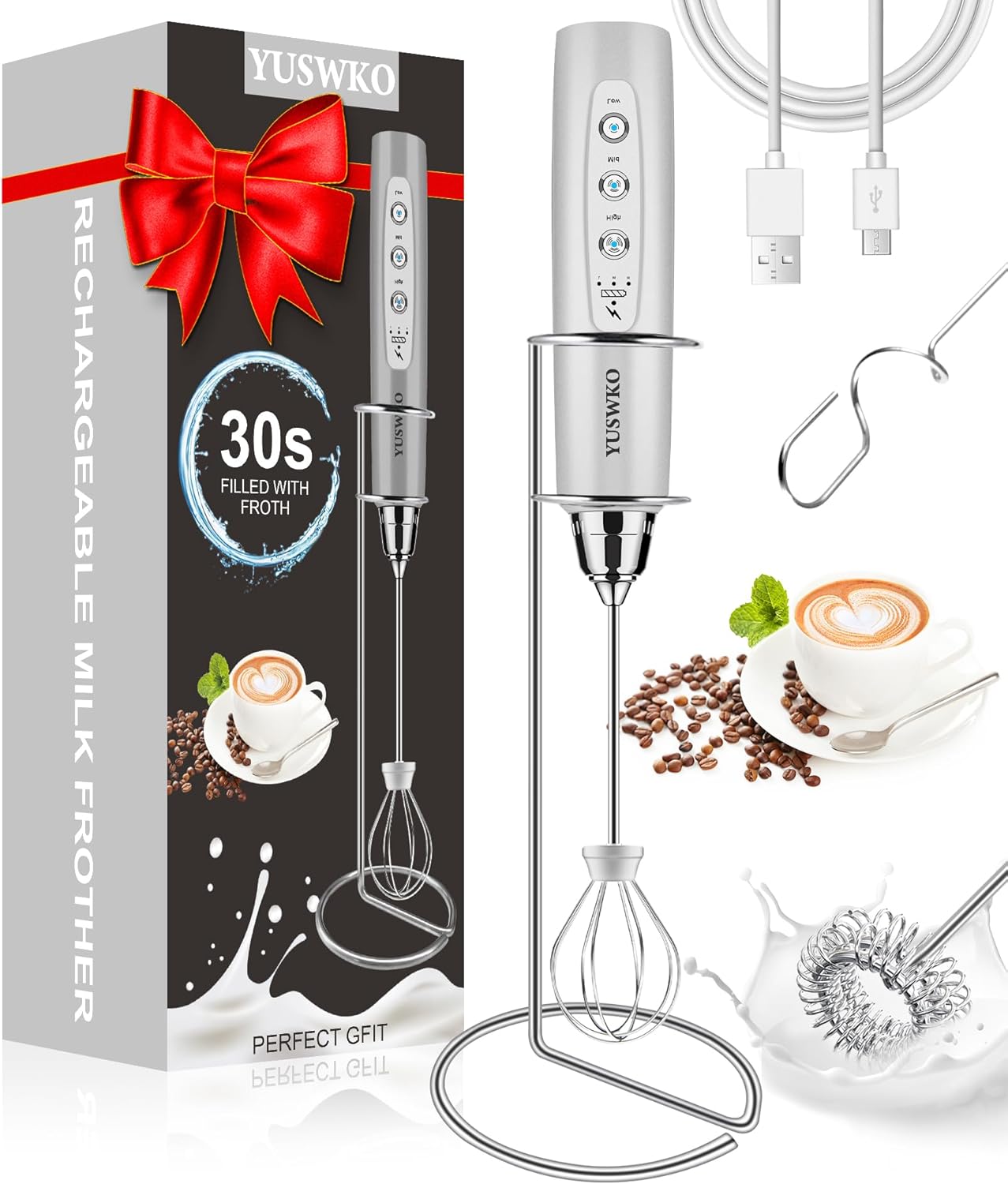 YUSWKO Milk Frother Handheld for Coffee with Stand, Rechargeable Drink Mixer with 3 Heads 3 Speeds Electric Coffee Frother Whisk, Gift for Many Occasions and Festival