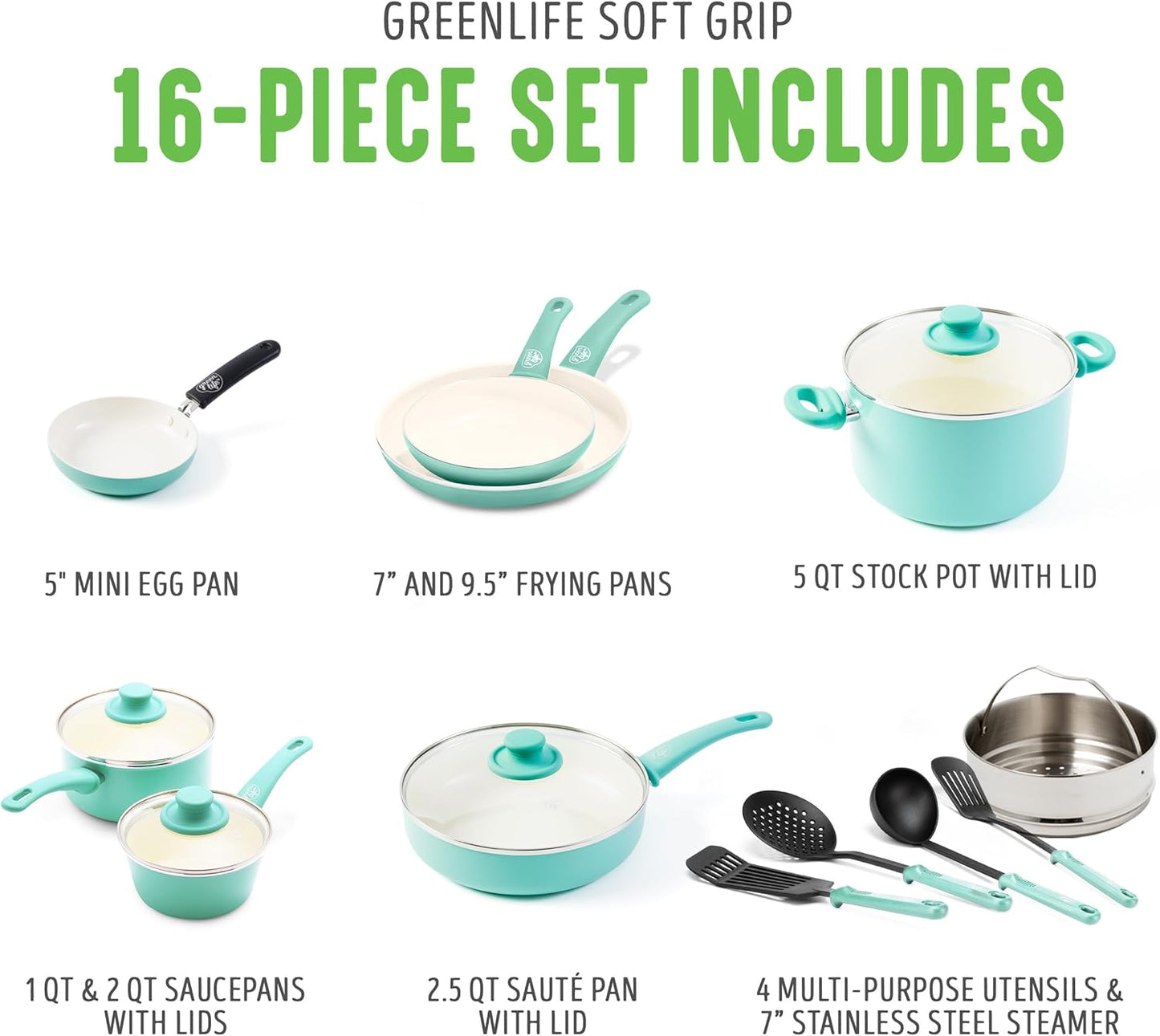 GreenLife Soft Grip 16 Piece Cookware Set, Non-Toxic PFAS-Free Ceramic Nonstick, Pots, Frying, Sauce, Saute, Glass Lids, Stay-Cool Handles, Wobble Free Bases, Dishwasher & Oven Safe, Turquoise