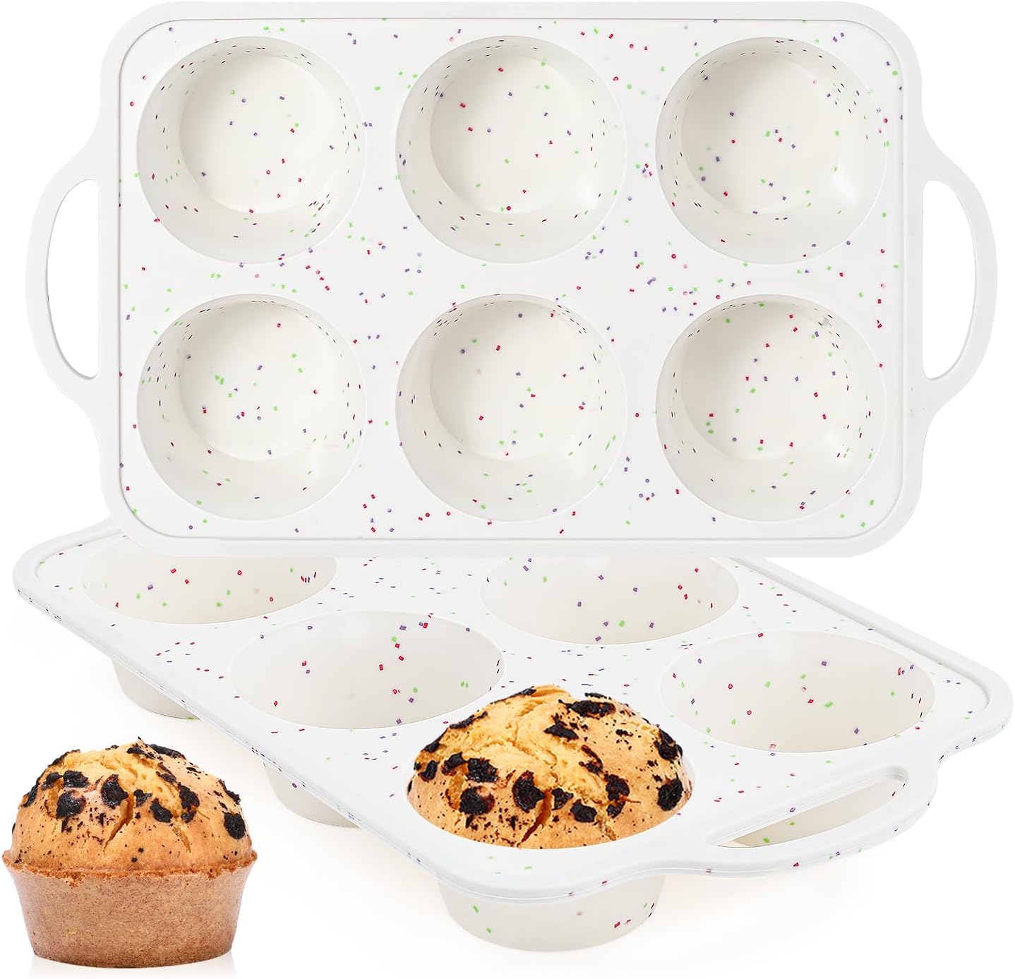 FUNBAKY Jumbo Silicone Muffin Pan with Metal Frame, 3.5 Inch Large Muffin Pans 6 Cups 2 Pack Confetti