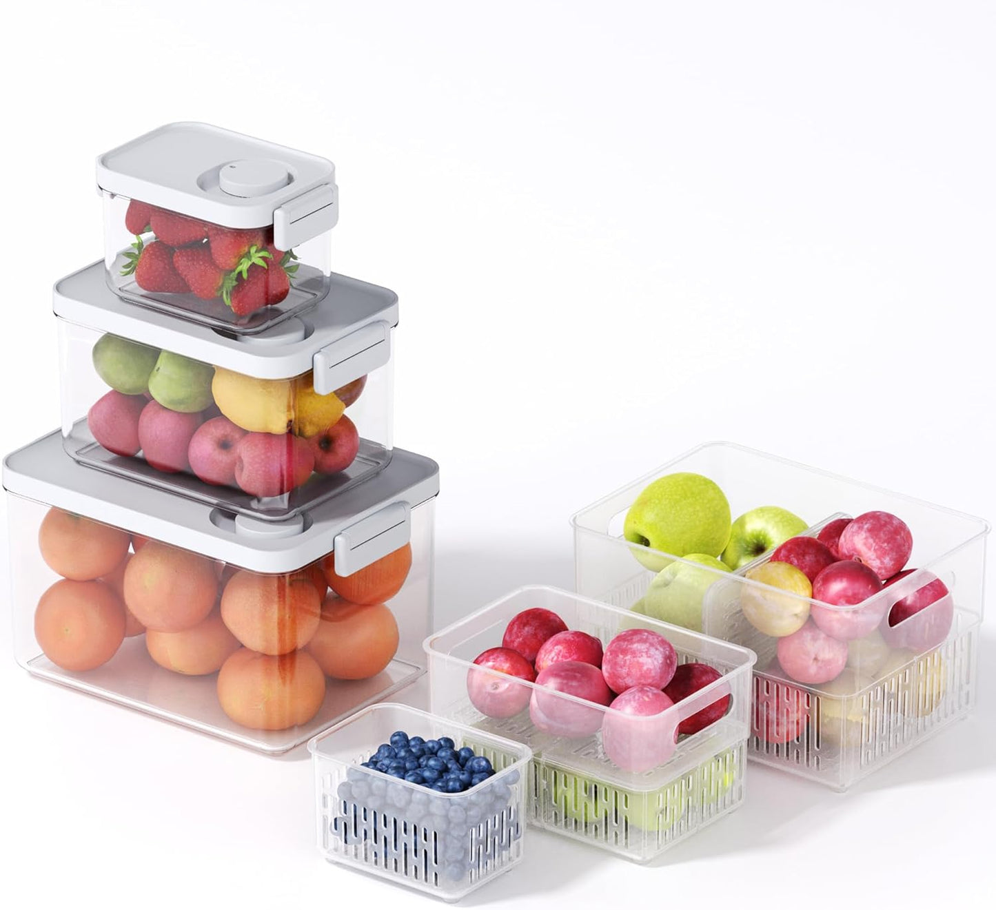 vacane 6 Pack Large Fruit Storage Containers for Fridge with Timing Knob, Produce Saver with Colanders, Lettuce Keeper Vegetable Food Fresh - Dishwasher Safe