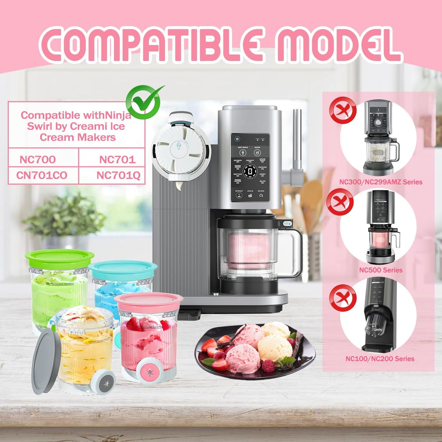 4 Pack Pints and Lids for Ninja CREAMi NC701 NC700 Ice Cream Maker Accessories Creami Containers Compatible with Ninja NC700 Series, 16 oz Containers Ice Cream Maker