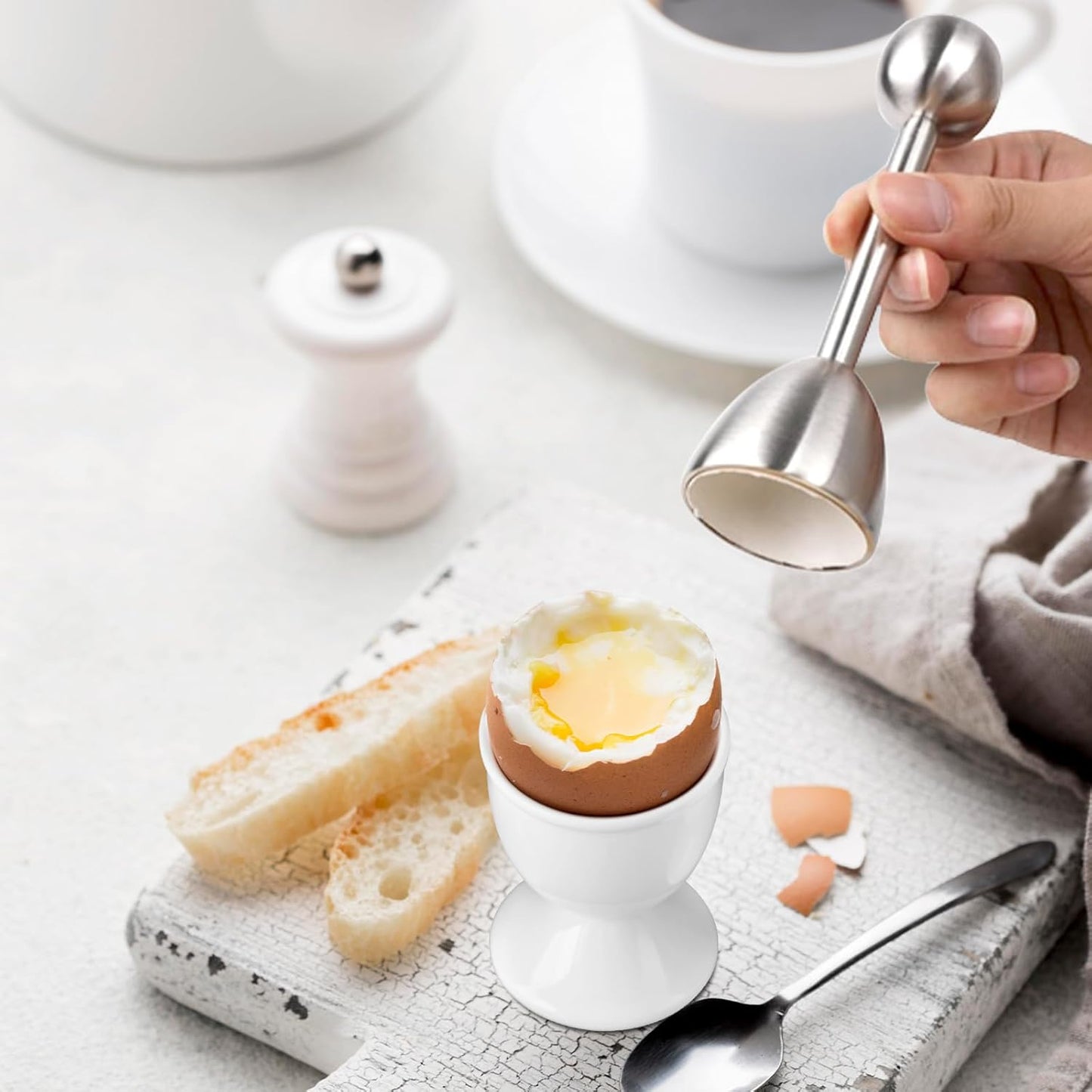 Cinf White Ceramic Egg Cups & Cracker Set | Set of 6 Ceramic Egg Cups + 6 SS Spoons + 1 Egg Topper Breakfast Boiled Cooking Easy to Clean Childhood Memories Kitchen