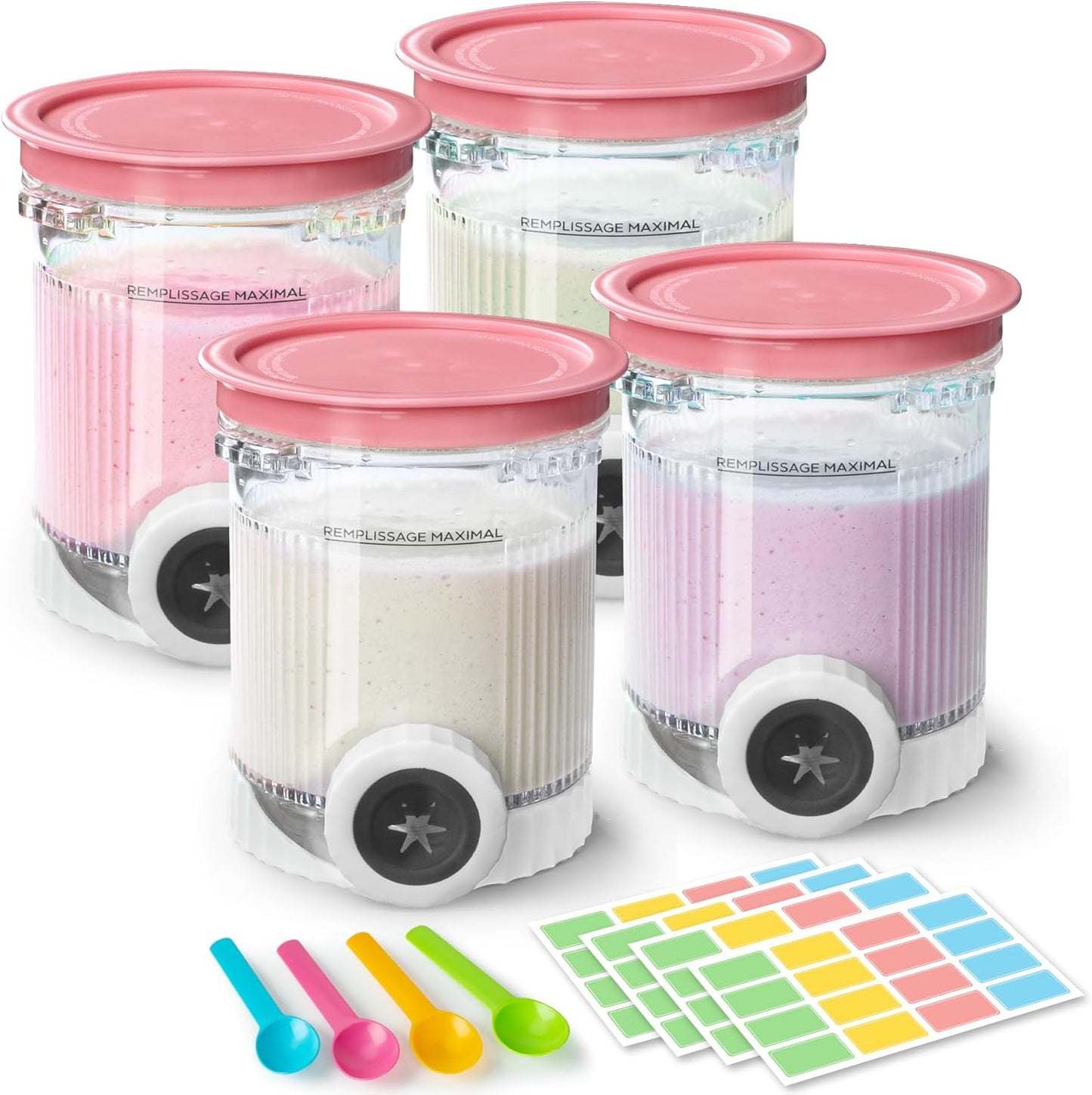 GuanQiao 4 Pack Creami Swirl Pints & Lids for Ninja, Compatible with NC700 Series Ninja Swirl Ice Cream & Soft Serve Makers, with 4 Spoons & 64 Writable Labels, BPA-Free & Dishwasher Safe, Pink Lids