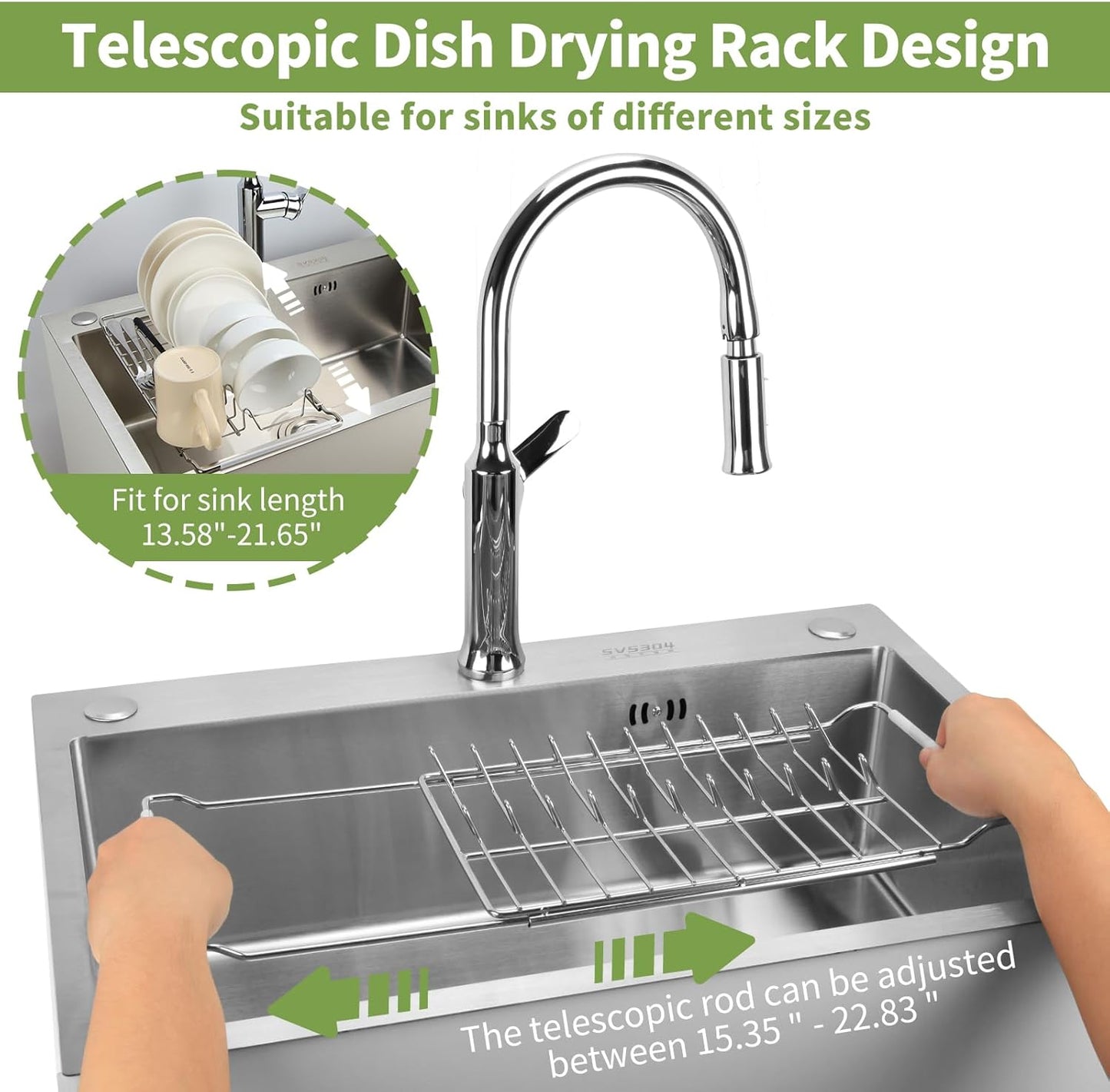 Space Saving Dish Drying Rack Small - Expandable Telescopic Over The Sink Drying Rack,304 Stainless Steel Dishrack for 13.58" - 21.65" Sinks.(Large)