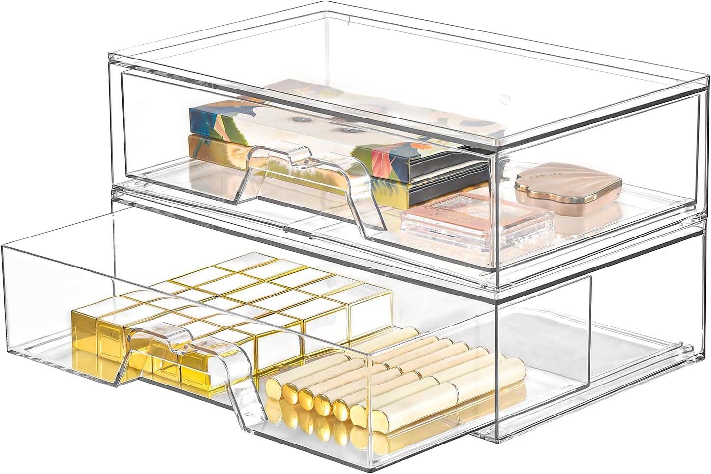 2 Pack Stackable Makeup Organizer, 12.1''L Acrylic Bathroom Organizer and Storage Undersink Drawer, Cosmetics and Beauty Supplies,Clear Plastic Storage Bins for Desk,Cabinet,Kitchen,Vanity,Pantry