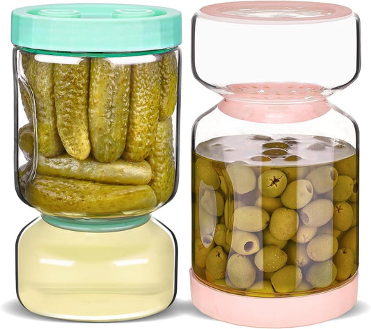ZENS Glass Pickle Jar with Strainer Flip, 2 Pack Pickle Container Olive Hourglass Jars, Airtight Pickle Juice Separator from Wet and Dry, Pickles Storage Jar 51oz
