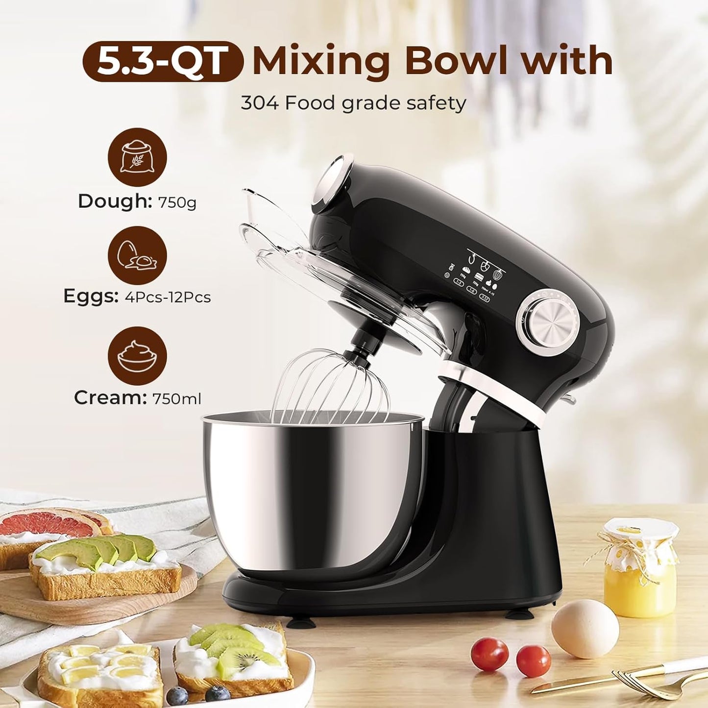 Stand Mixer With 12 Speed,5.3 Quart Electric Mixer With Tilt Head, Kitchen Mixer for Daily Use with Egg Whisk,Dough Hook,Flat Beater,BLACK