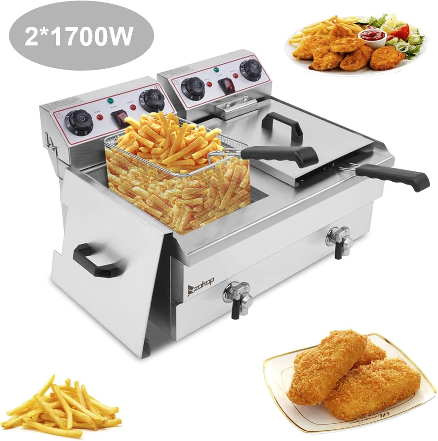 25QT/23.6L Commercial Deep Fryer with Basket and Lid, 3400W Electric Fryer with Adjustable Temperature & Timer, Stainless Steel Countertop Oil Fryer for French Fries, Onion Rings, Donuts