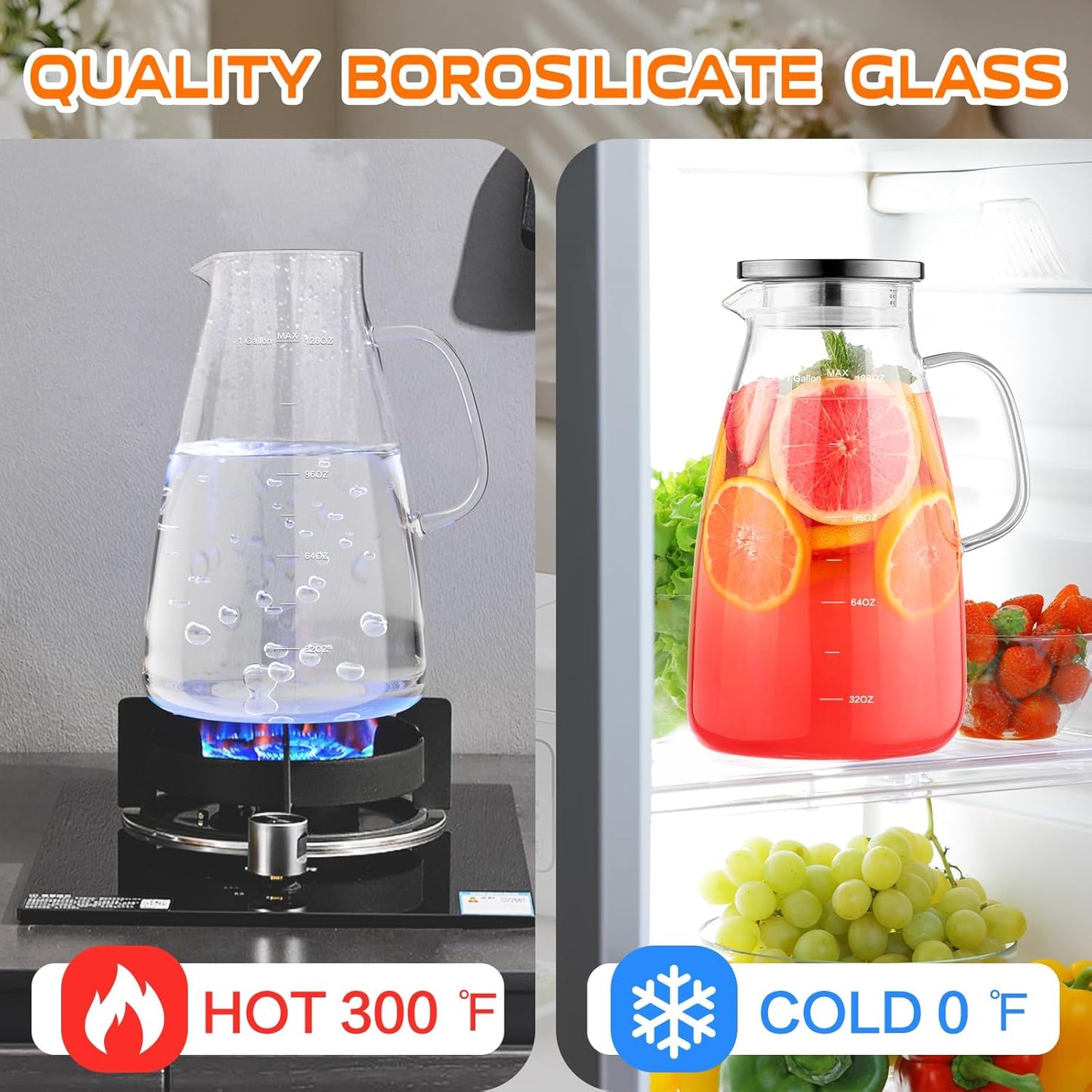 1 Gallon 128oz Glass Pitcher, Water Pitcher with Lid and Spout, Glass Carafe for Hot/Cold Drink, Water Jug for Iced Tea, Coffee, Juice, Milk, Beverage (Extra-Wide Mouth)