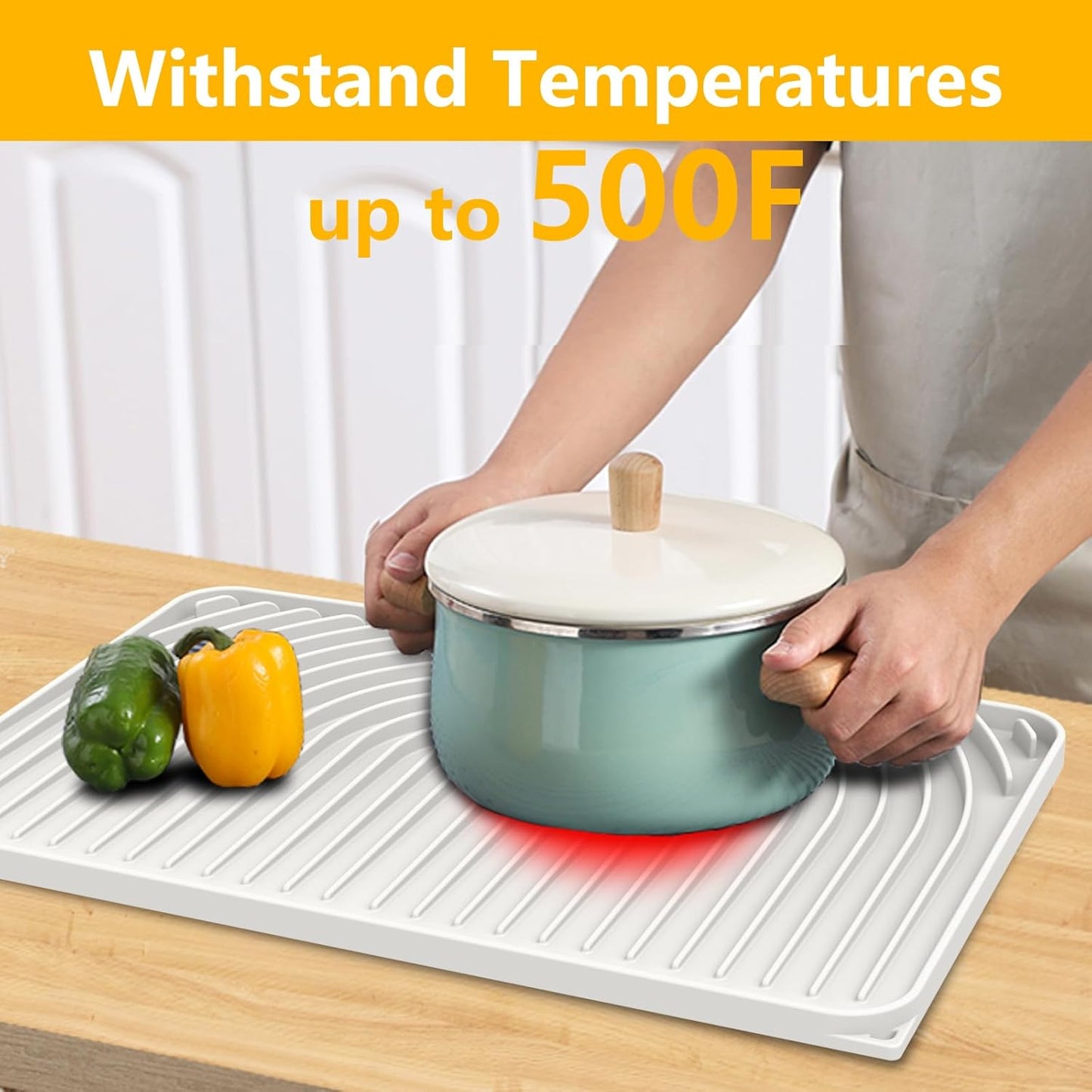 Silicone Drying Mat for Kitchen Counter, 18"×12" Silicone Dish Drying Mat with Board Drain,Rubber Kitchen Counter Dry Matt for Dishes Drying Rack(white)