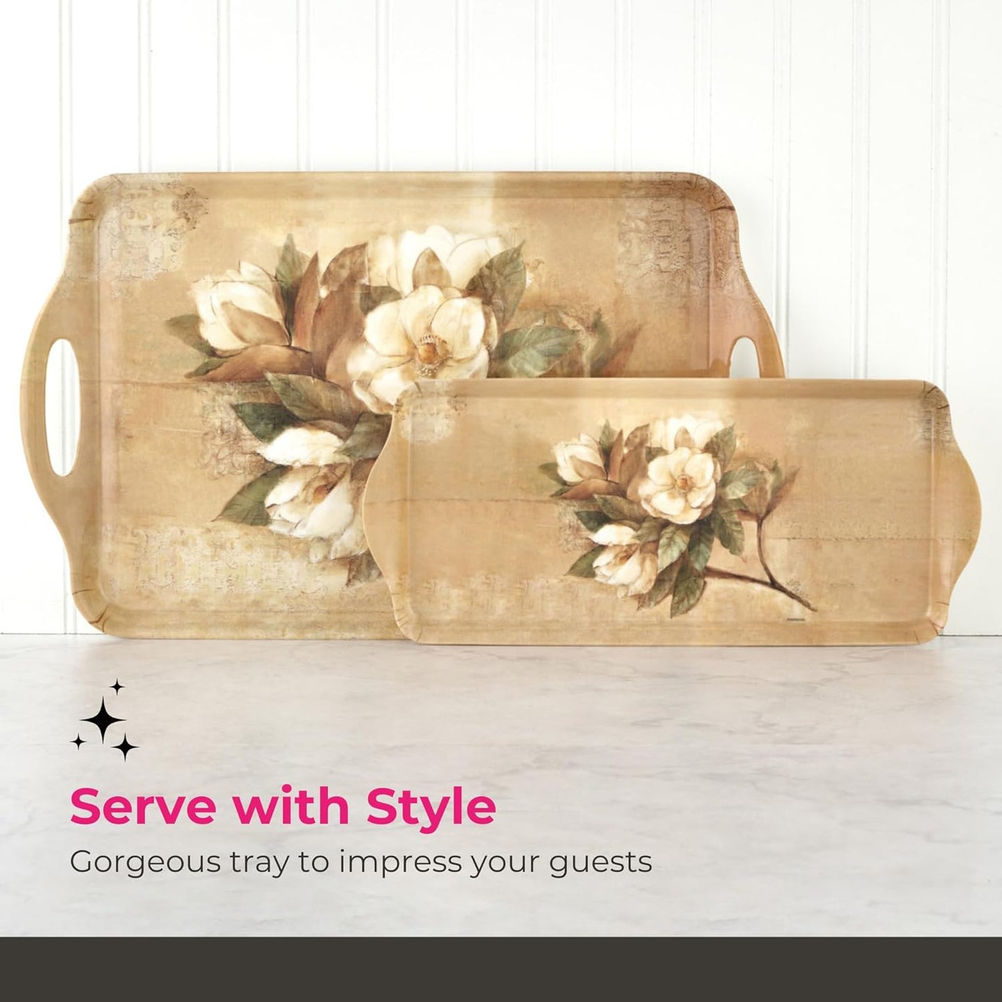 Pimpernel Sugar Magnolia Sandwich Tray - Rectangular Melamine Snack Tray with Blooming Floral Design, Pink & Green Tones - Dishwasher Safe Serving Platter for Breakfast Pastries or Decorative Display