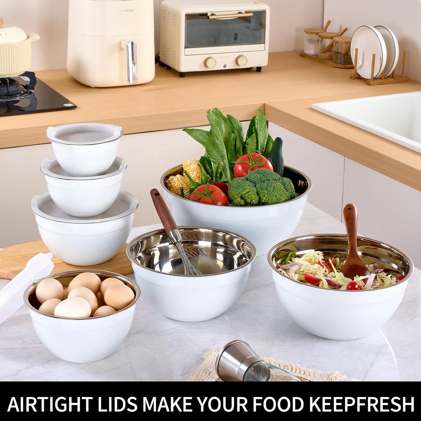 White Mixing Bowls with Lids Set of 7, Stainless Steel Nesting Bowl with Khaki Lid for Non-slip Mixing Prepping Storing Serving, 7 Sizes-7/3.6/2.7/2.1/1.5/1/0.8 QT