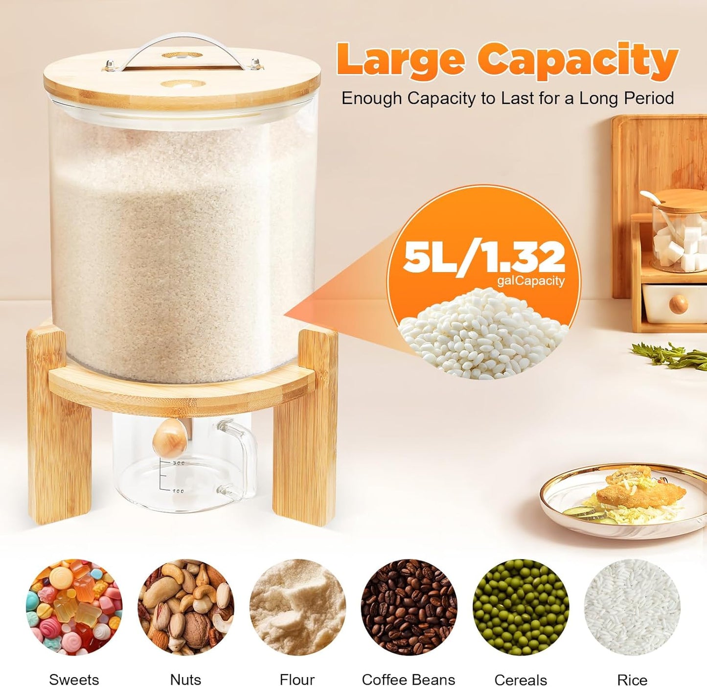 CNCEST Flour and Cereal Container, Glass Rice Dispenser, Countertop Cereal Dispenser with Measuring Cup, Airtight Lid & Wooden Stand for Storing Rice, Flour, Nuts, Coffee Beans (5L/1.32Gal)