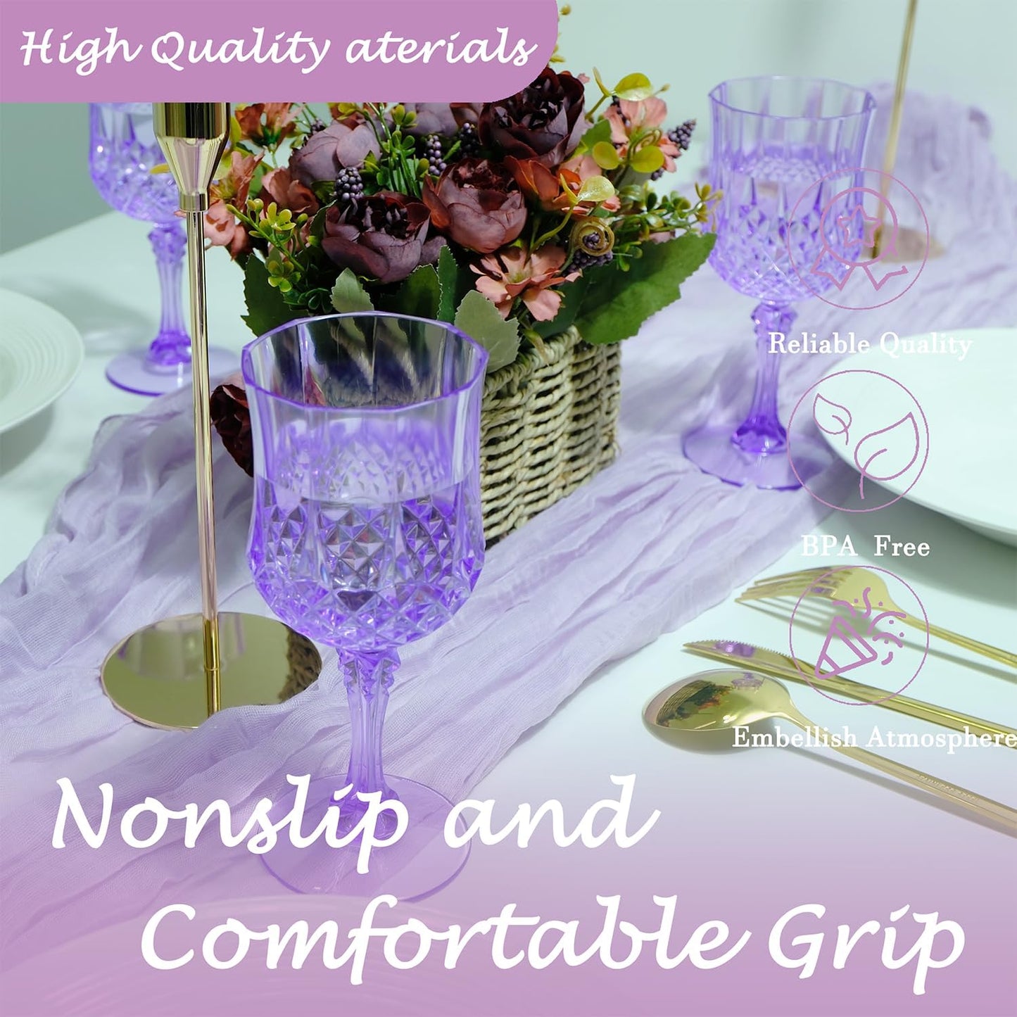 12-Piece Vintage Style Plastic Wine Goblets - Elegant Purple Glassware for Weddings and Events
