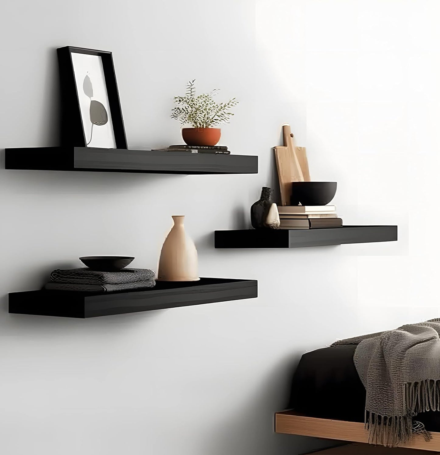 Wood Floating Shelves for Wall, Wooden Wall Shelves for Bedroom, Wall Mounted Shelves for Living Room, Set of 6 Black