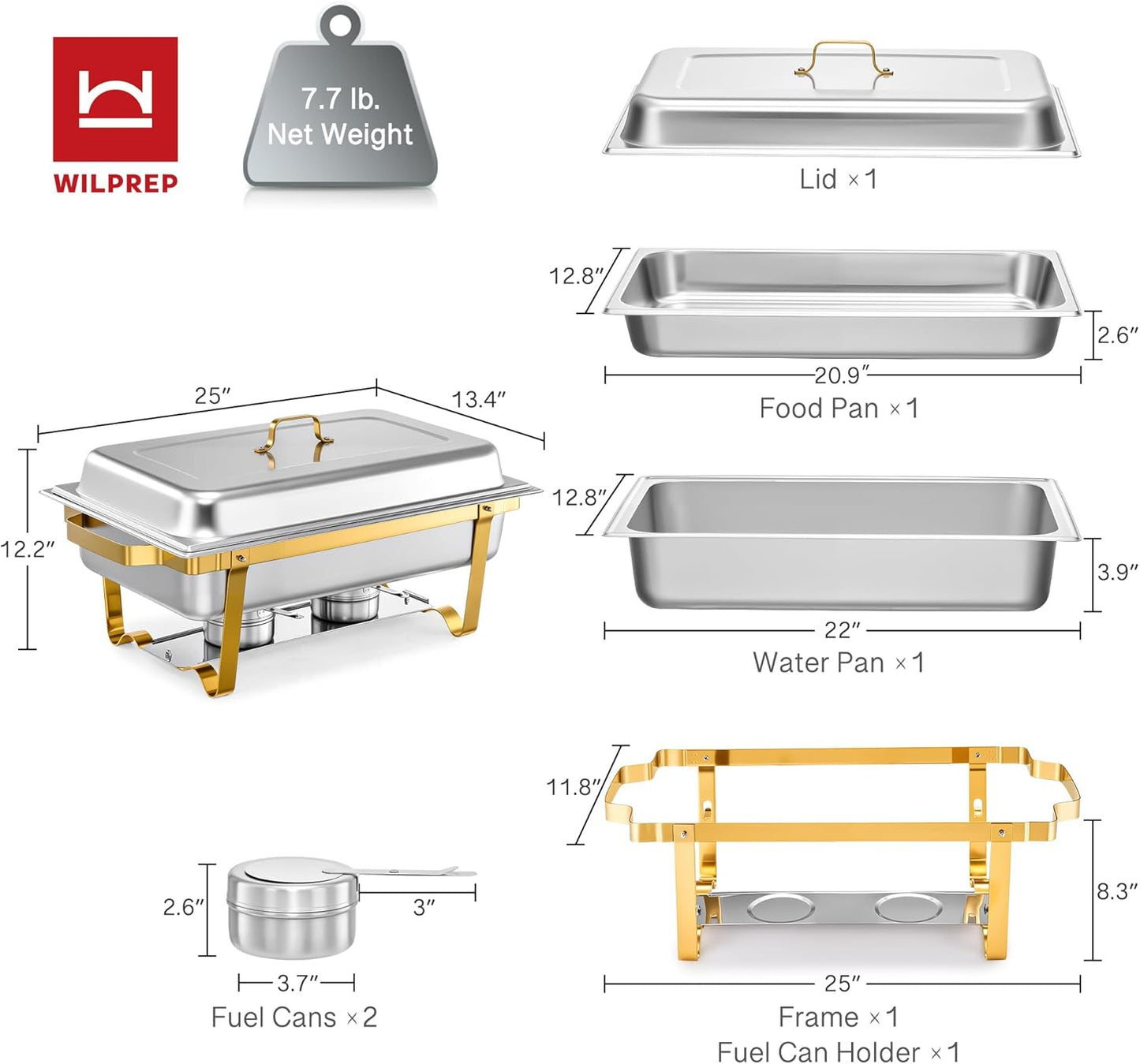 WILPREP Chafing Dish for Buffet, 9 qt Chafer and Buffet Warmer Set with Full Size Food Pan & Foldable Frame, Food Grade Stainless Steel Food Warmer for Parties Buffets Banquets Dinners, Gold & Silver