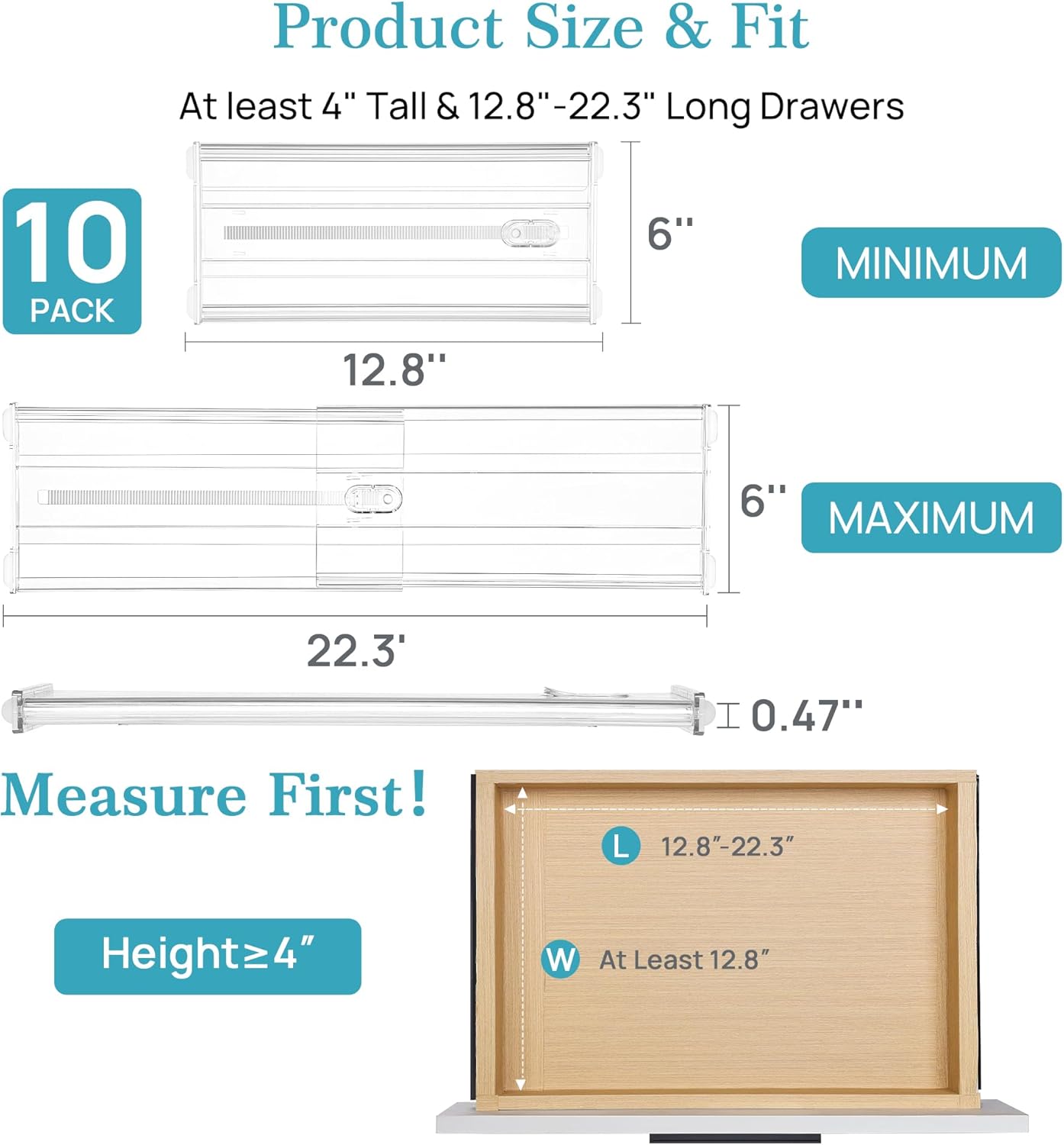 Vtopmart 10 Pack 6" Tall Upgrade Drawer Dividers for Big and Deep Drawer, 12.8"-22.3" Adjustable Expandable Dresser Drawer Organizer, Clear Plastic Separators for Dresser, Baby Supplies, Kitchenware