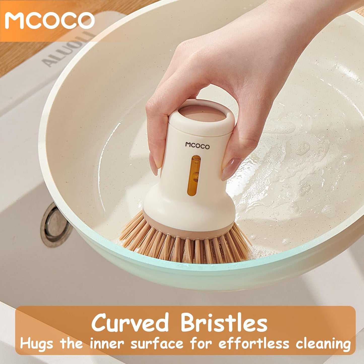 Dish Brush Set with Soap Dispensing Palm Brush Dish Scrub Brush with Soap Dispenser Palm Dish Brush Kitchen Cleaning Brush with Ergonomic Long Handle for Cleaning Sink, Pot, Pan, Stove, White