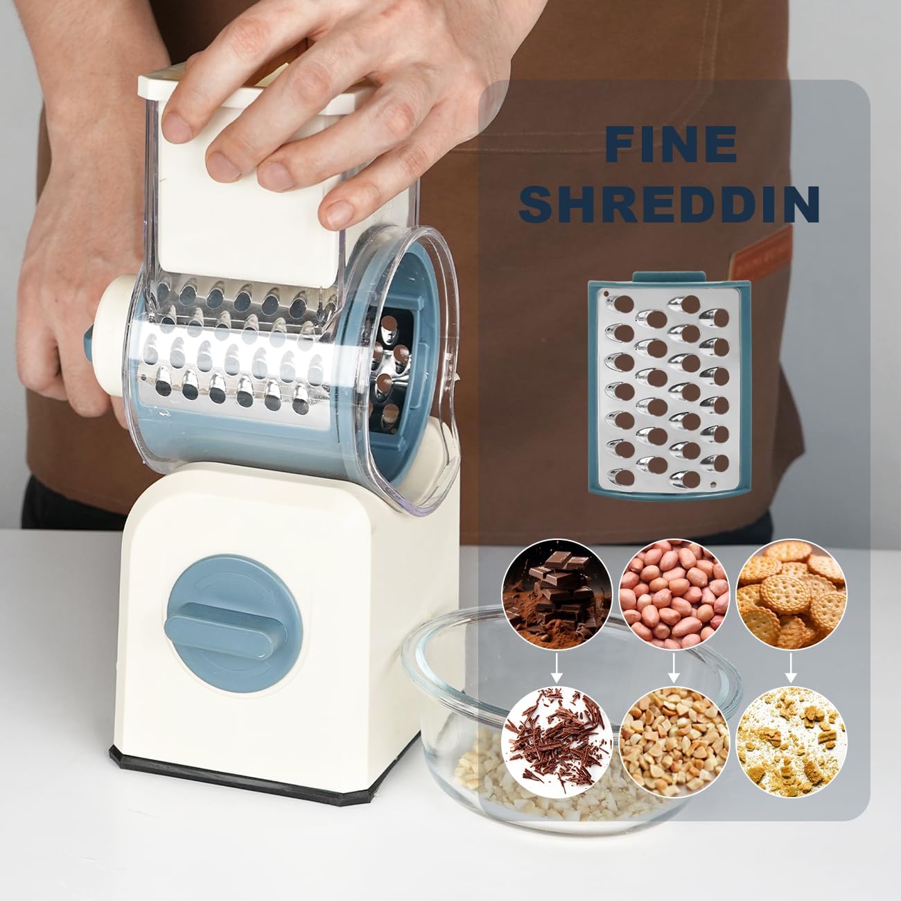 3 in 1 Cheese Grater, Rotary Cheese Grater with Handle for kitchen, Vegetable Slicer with 3 Replaceable Stainless Steel Blades,Peeler and Rubber Gloves (Blue)