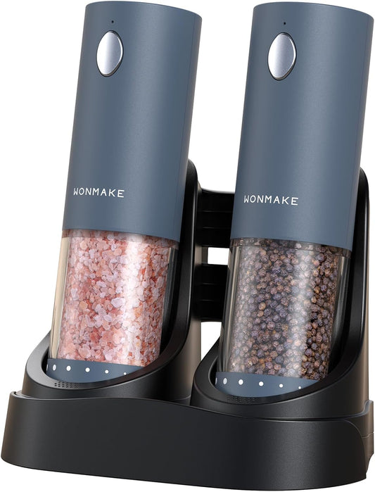 Electric Salt and Pepper Grinder Set - Automatic Refillable Salt and Pepper Grinders with Charging Base & LED Light, 6-Level Adjustable Coarseness with External Dial, Ideal Kitchen Gadget，Blue