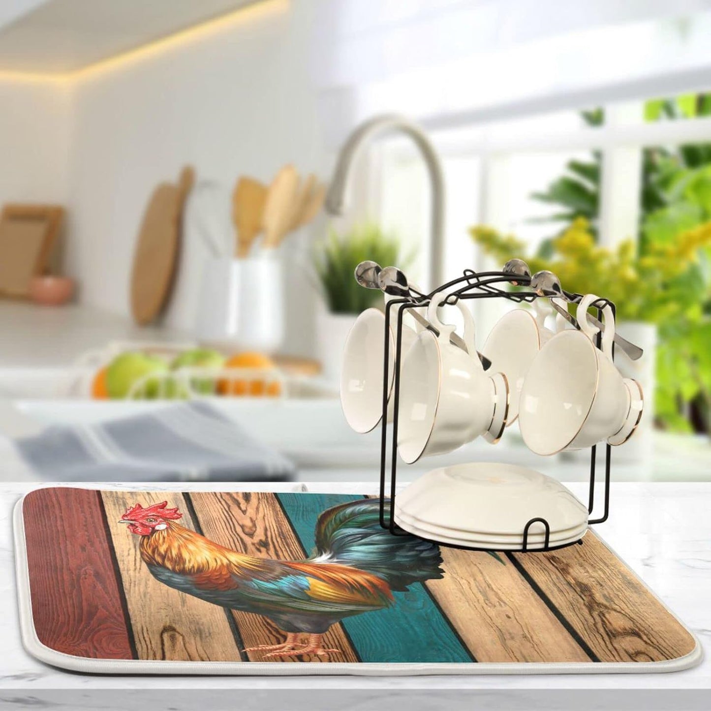 Rooster Dish Drying Mat for Kitchen Counter Farmhouse Absorbent Microfiber Drying Pad, Medium 16x18 in, Reversible Drainer Mats