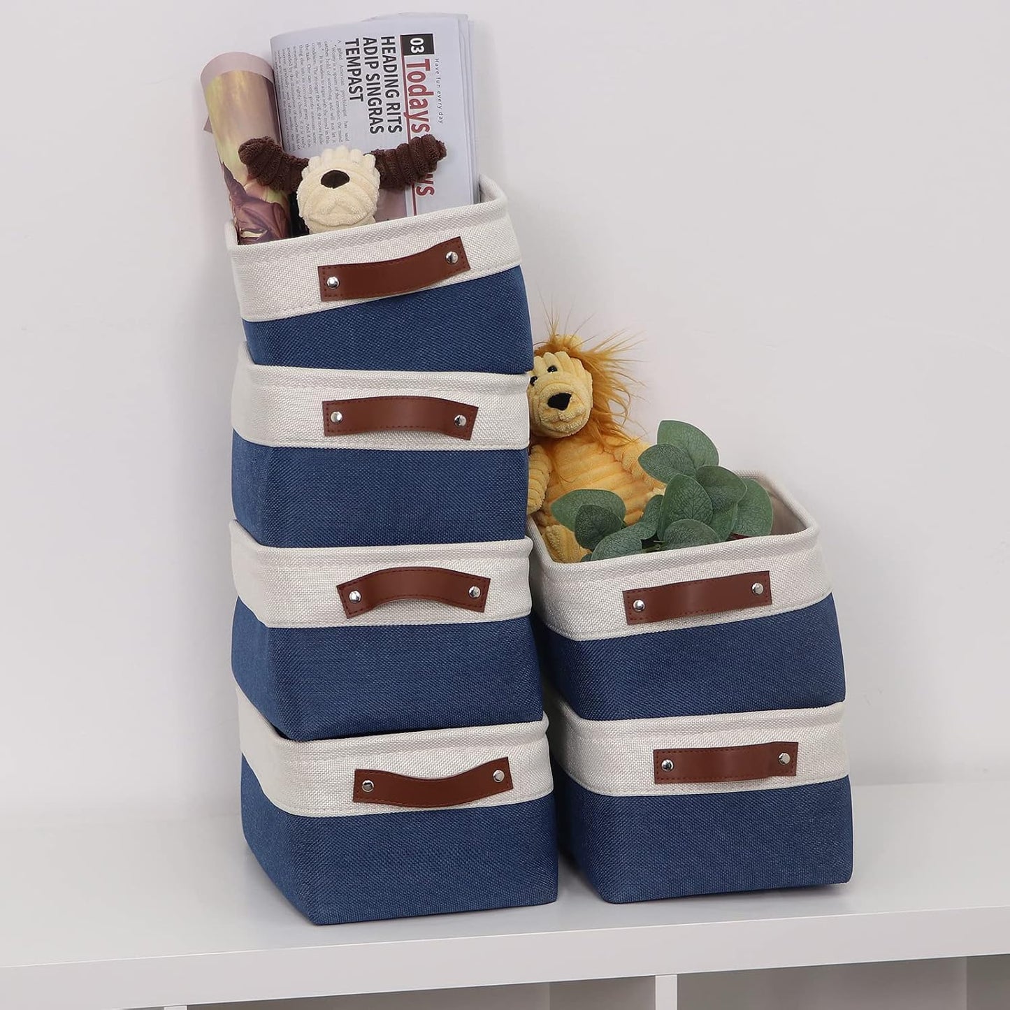 HNZIGE Small Baskets for Storage(6 Pack) Fabric Storage Baskets for Shelves, Foldable Storage Basket for Organizing Closets, Nursery, Baskets for Gifts Empty (White&Blue, 11.8" x 7.8" x 5.1")