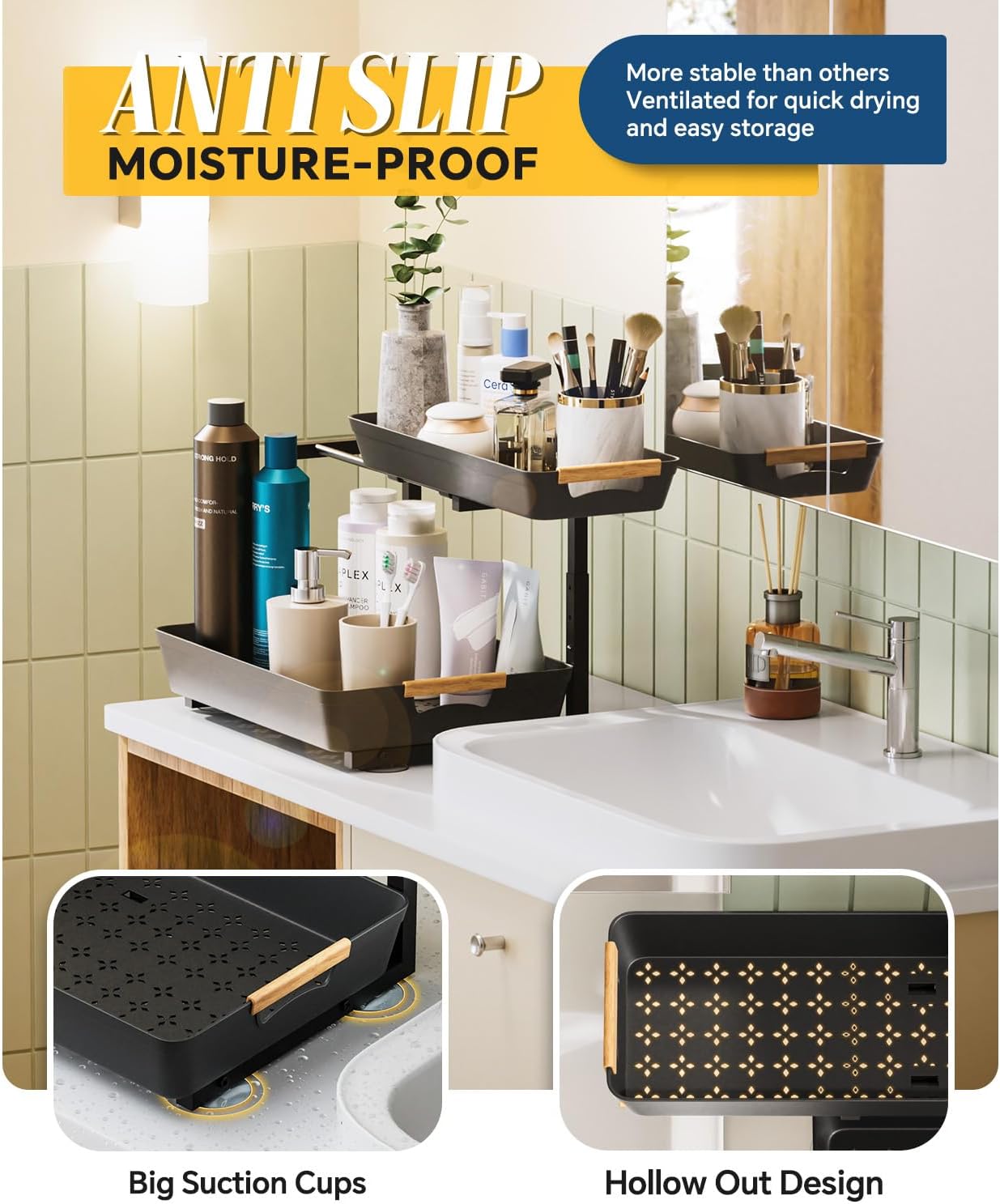 Under Sink Organizer, 2 Tier Adjustable Height Under Sink Organizers and Storage, L-Shaped Slide Out Pull Out Cabinet Organizers for Bathroom Kitchen Pantry (2 Pack, Black)