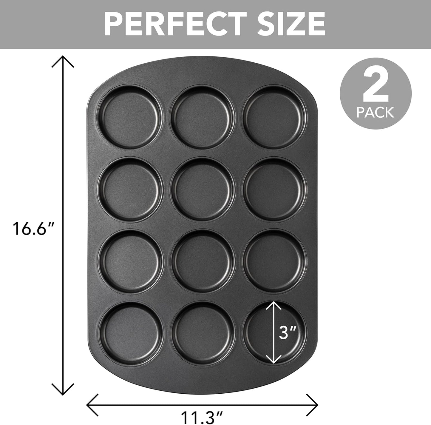 Tiawudi Muffin Top Pan, 12 Cavity Cupcake Pan, 3 Inch Nonstick Bakeware for Eggs, Cornbread, Cookies, Whoopie Pies and Yorkshire Pudding, Set of 2