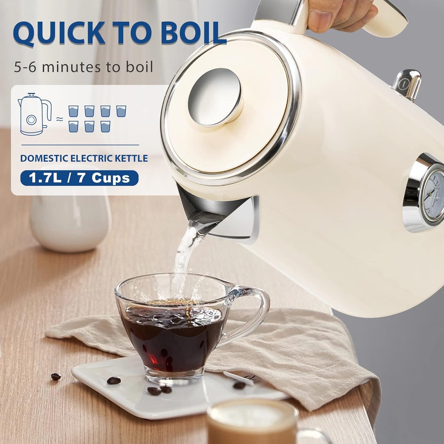 PUKOMC Electric Kettle, 1.7L Stainless Steel Tea Kettle with Temperature Gauge, 1500W Water Boiler with LED Light, BPA-Free, Auto Shut-Off and Boil-Dry Protection (Beige) Visit the Pukomc Store